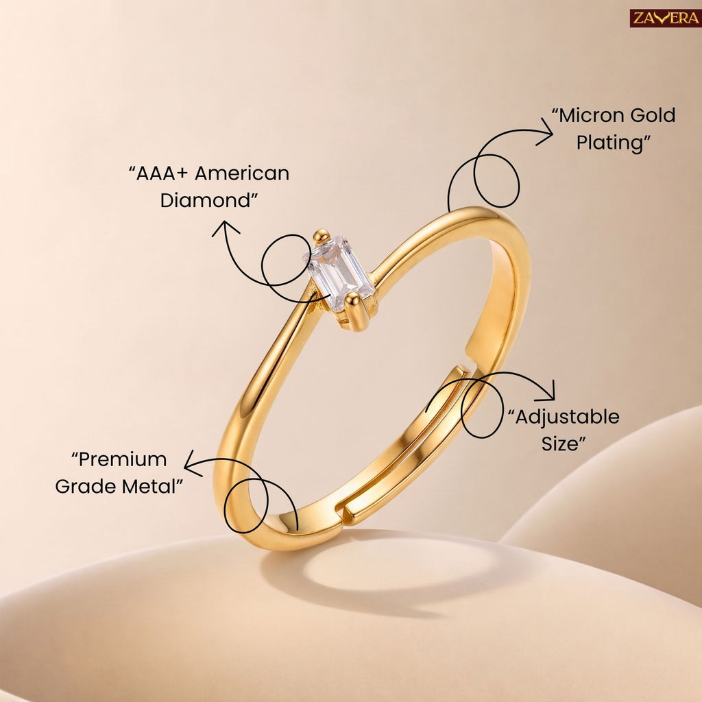 Zavera Brass 22K Minimal Emerald Cut Solitaire Gold Plated Ring For Women