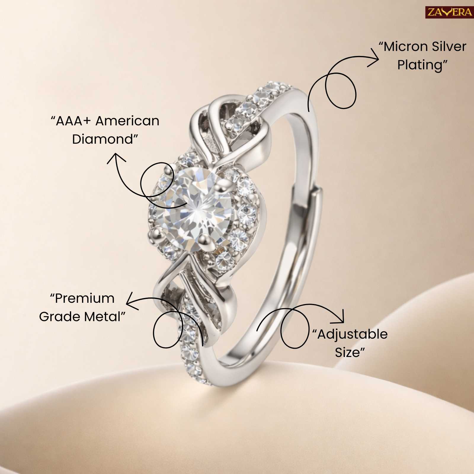 Zavera Silver Plated Twist Knot Halo Adjustable Ring