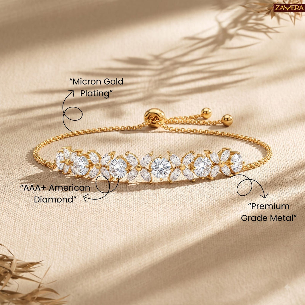 Zavera Gold Plated Floral Sparkle American Diamond Bracelet for Women