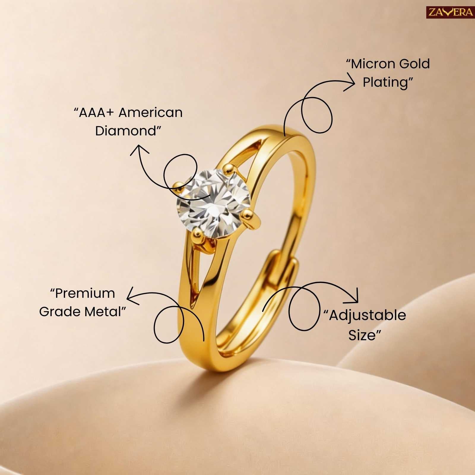 Wave Minimal Solitaire Gold Plated Adjustable Ring