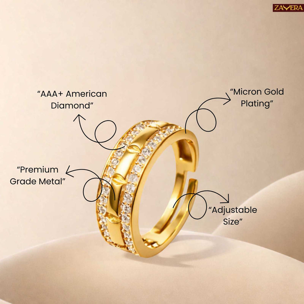 Zavera Gold Plated Interlock Twist Crystal Adjustable Men's  Ring