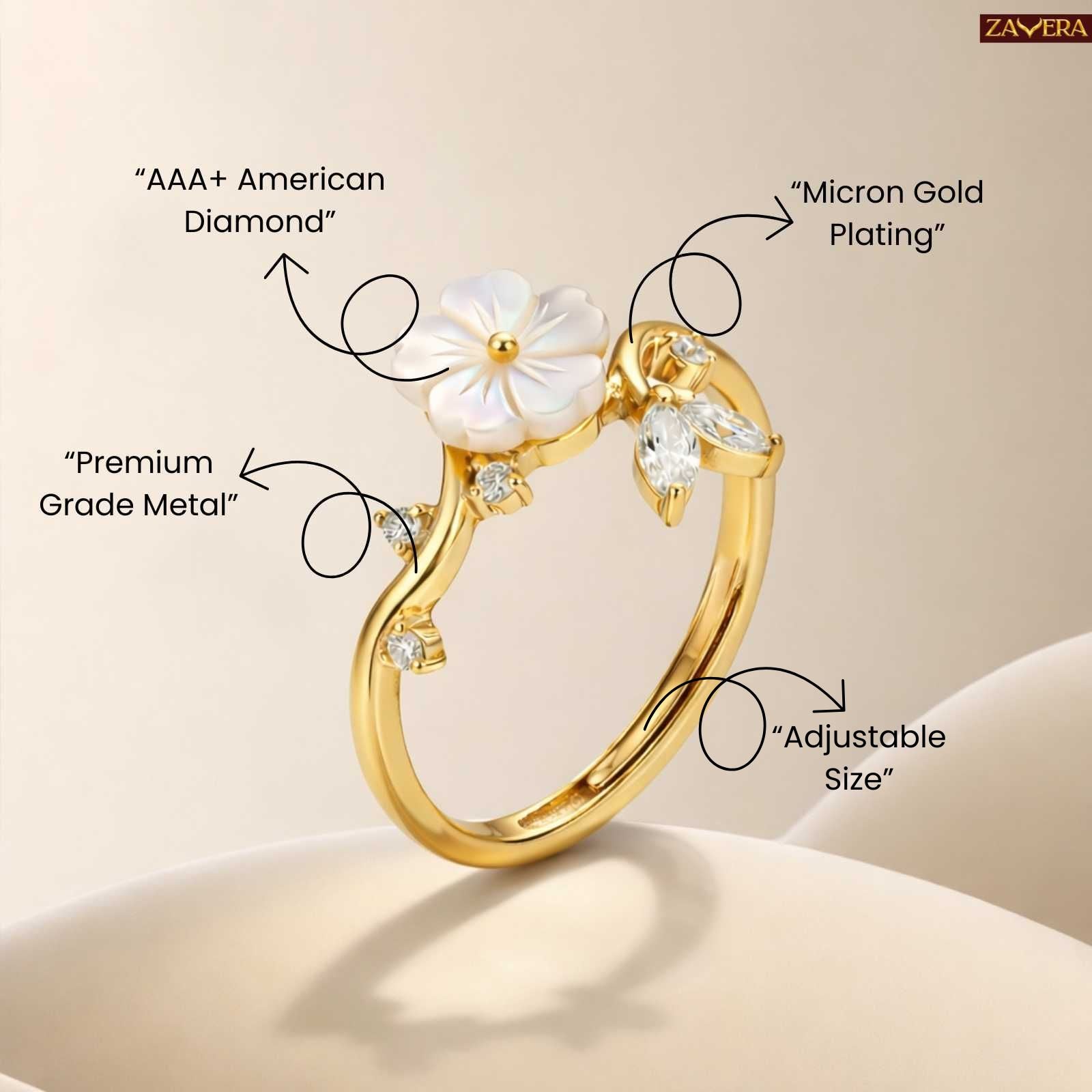 Zavera Gold Plated Pearl Flower Adjustable Ring