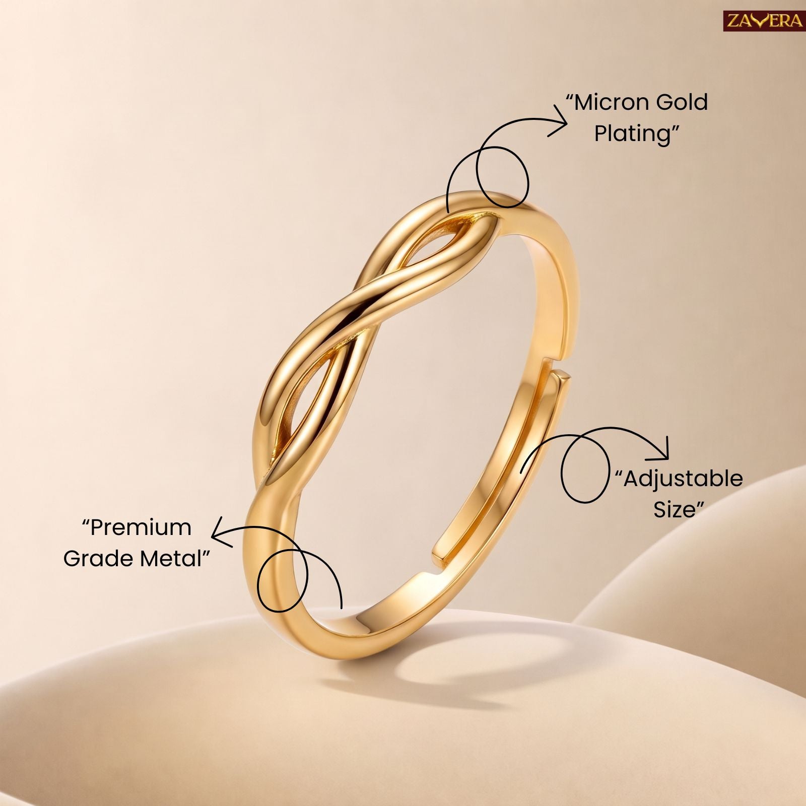 Zavera Brass 22K  Infinity Knot Gold Plated Ring For Women