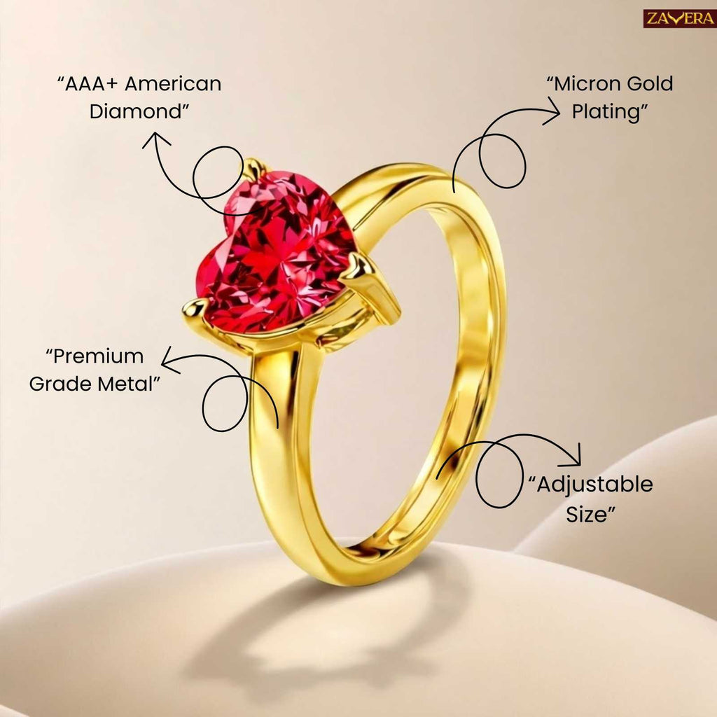 Gold Plated Ruby Heart Adjustable Ring