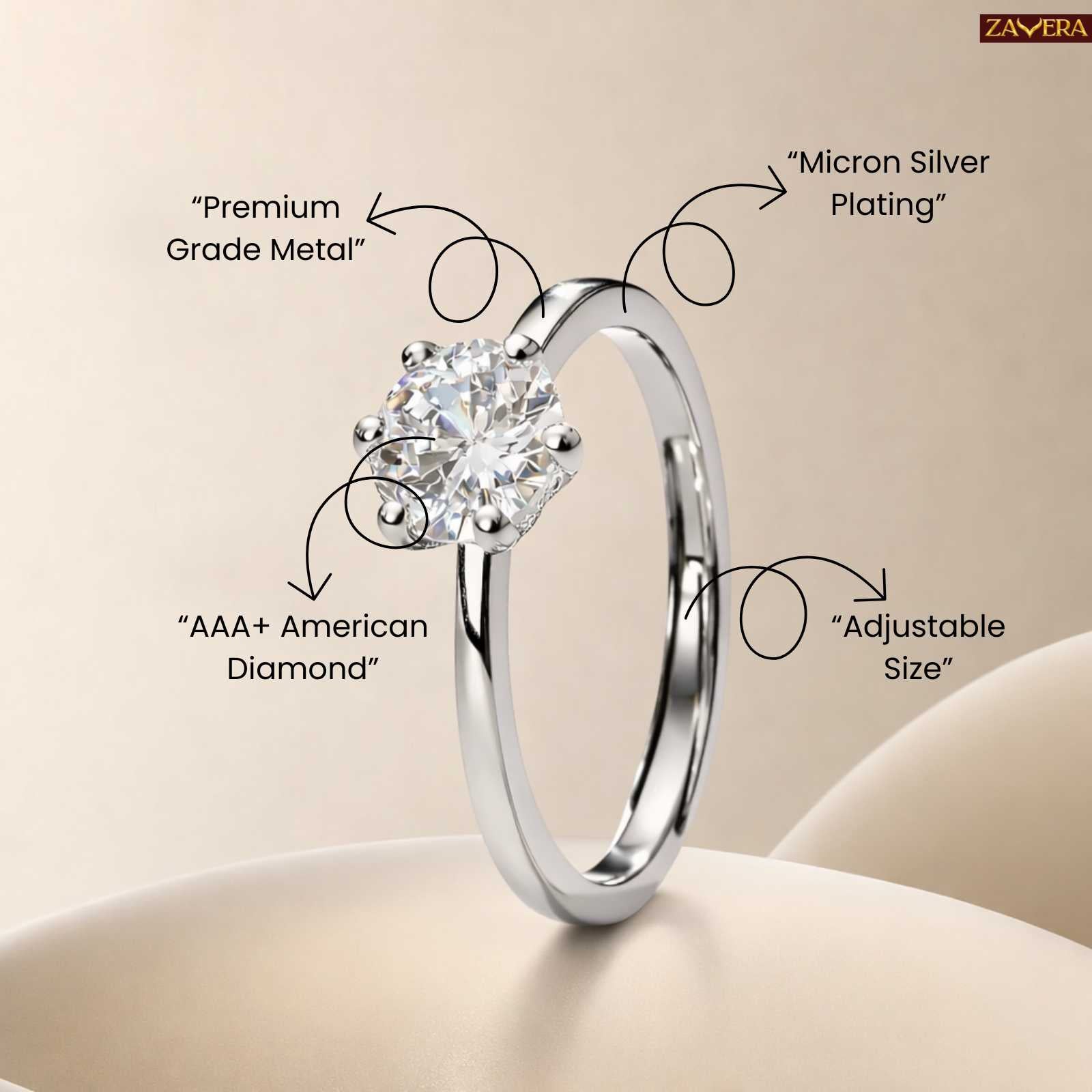 Zavera Silver Plated Classic Round Solitaire Adjustable Ring