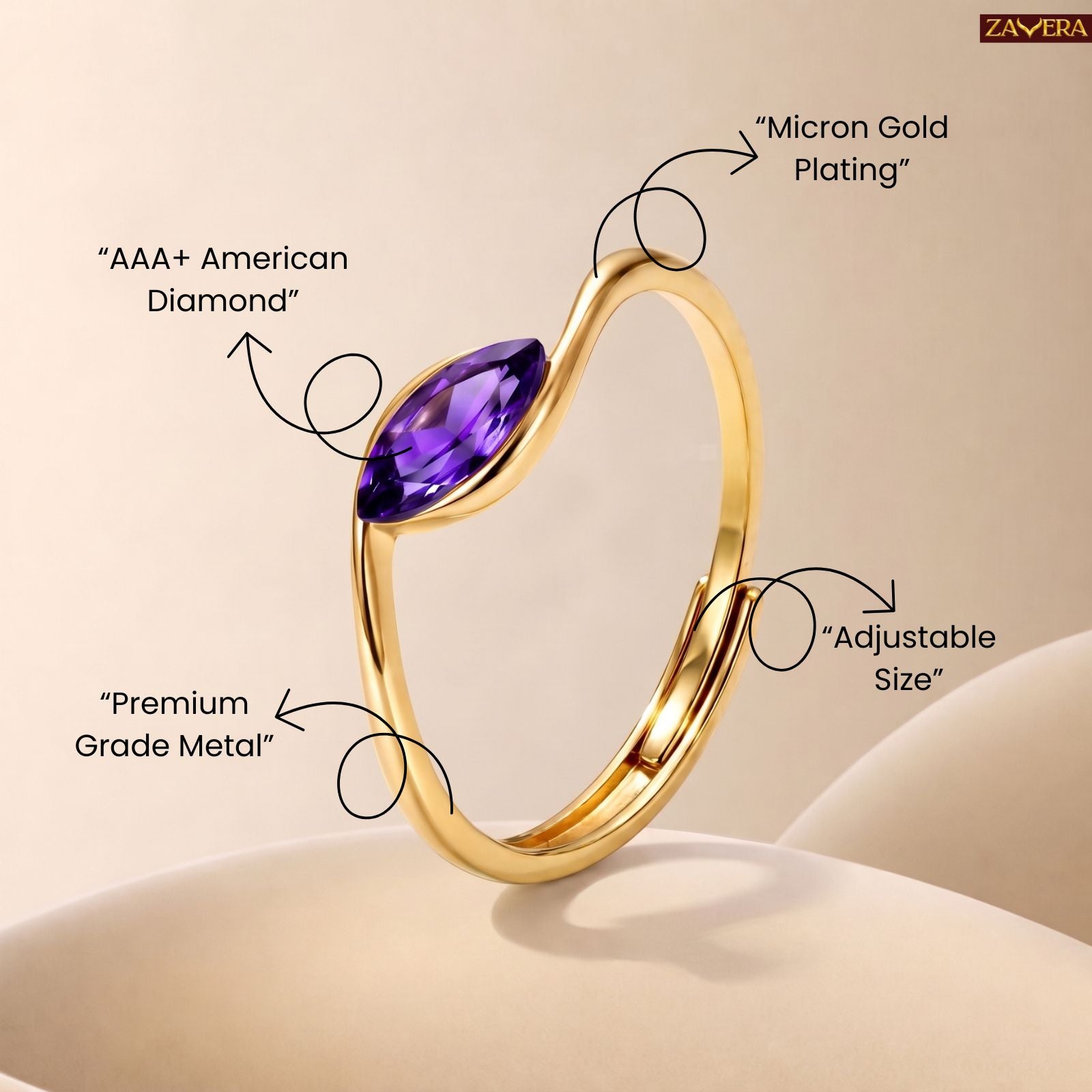 Zavera Brass 22K  Marquise Cut Purple Crystal Gold Plated Ring For Women