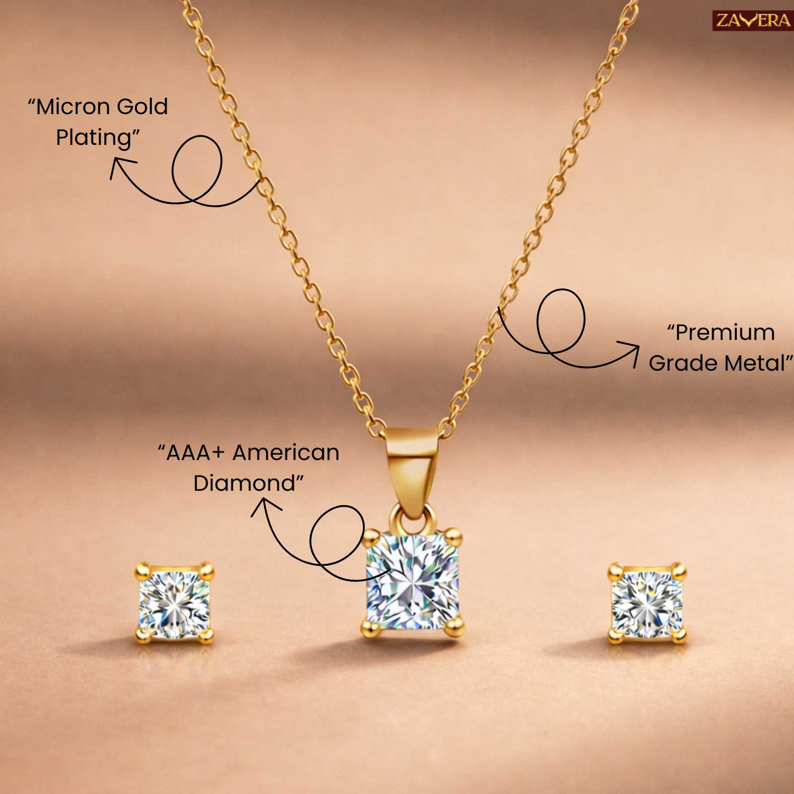 Zavera Square Solitaire Pendant with Earrings Set Gold Plated