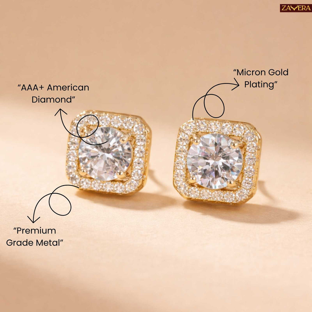Zavera Square Halo Gold Plated Stud Earrings