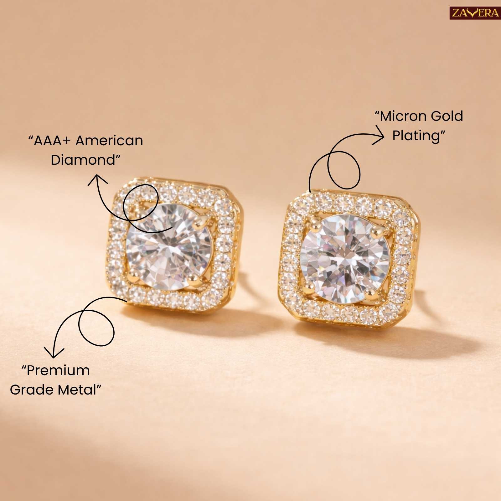 Zavera Square Halo Gold Plated Stud Earrings