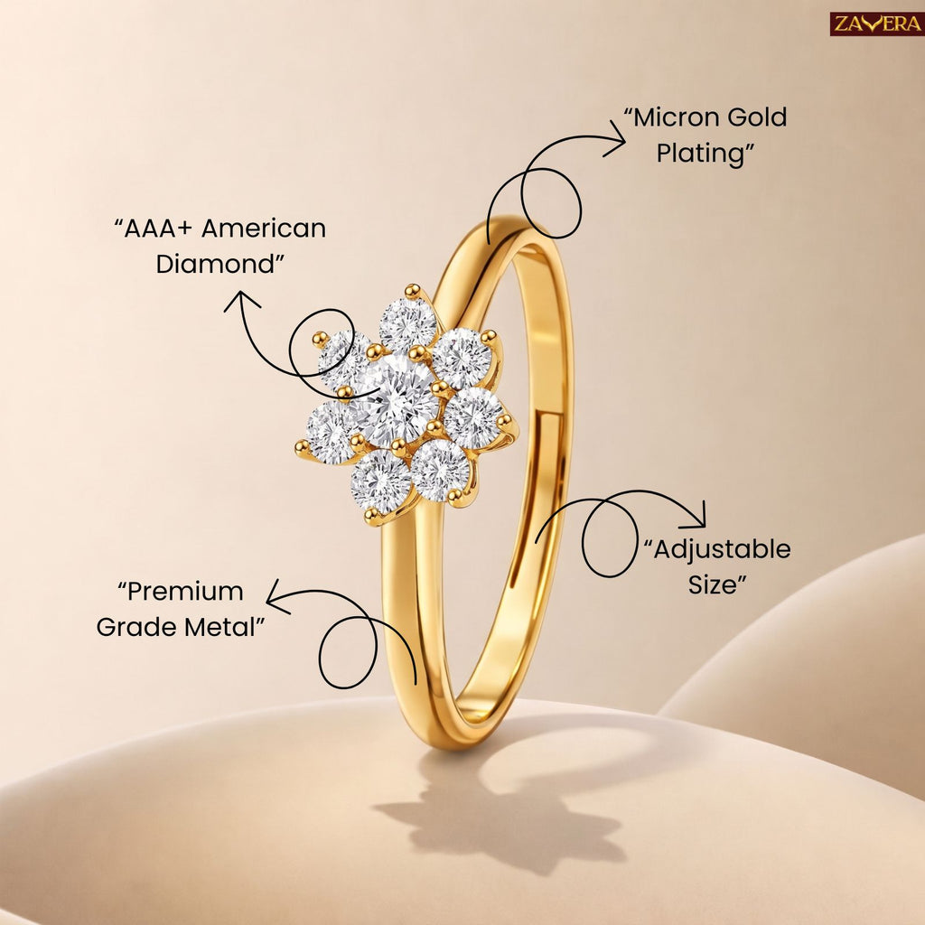 Zavera Brass 22K  Sparkling Flower Cluster Gold Plated Ring For Women