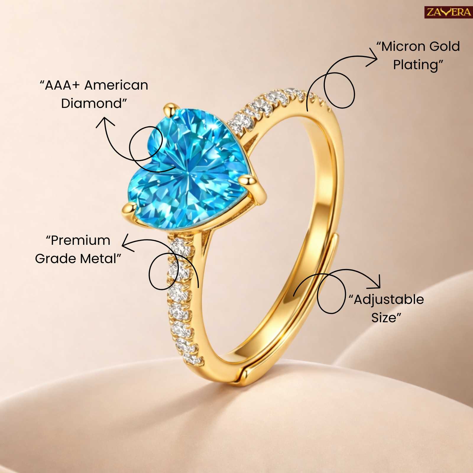 Gold Plated Premium Aqua Blue Heart Adjustable Ring