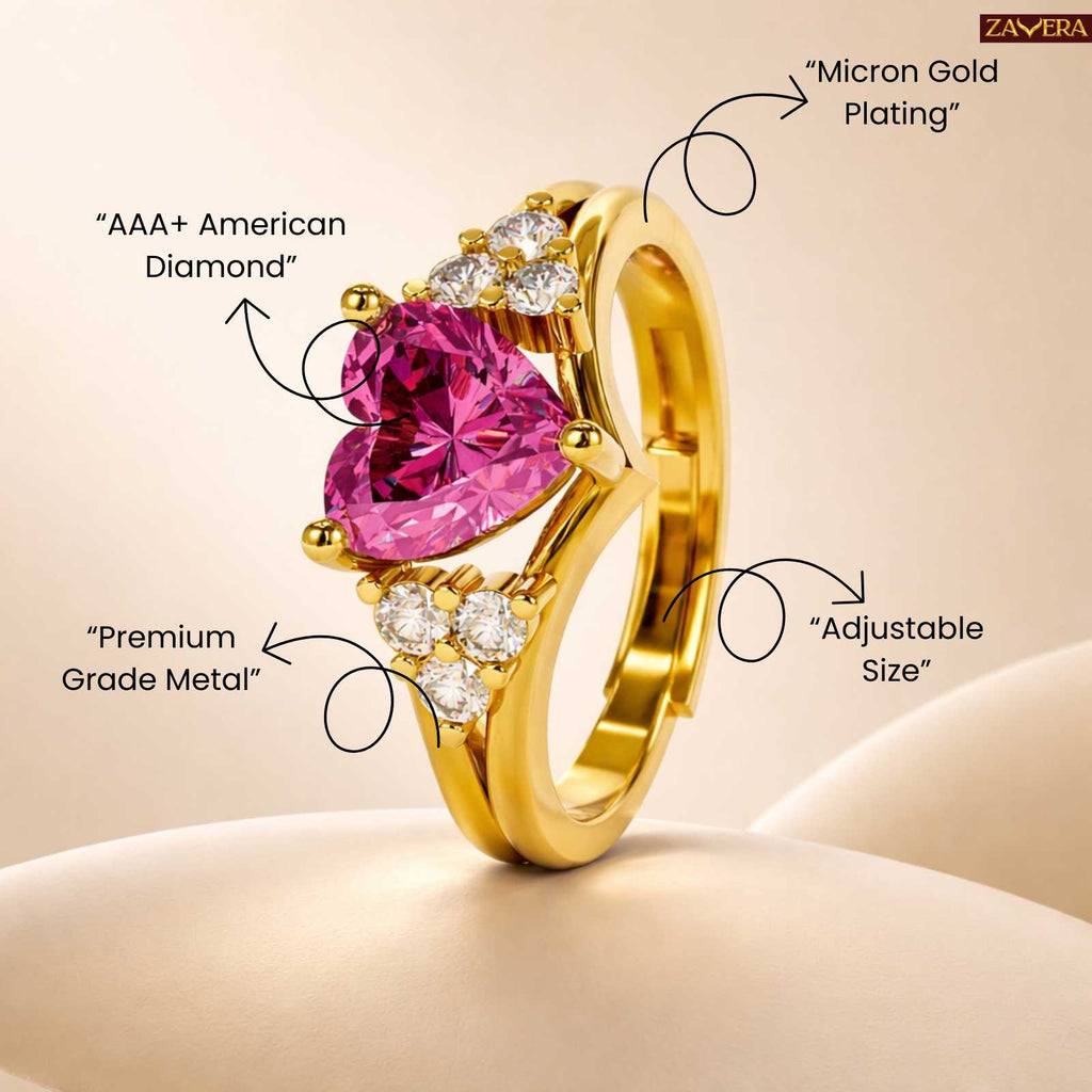 Zavera Gold Plated Pink  Heart Accent Adjustable Ring