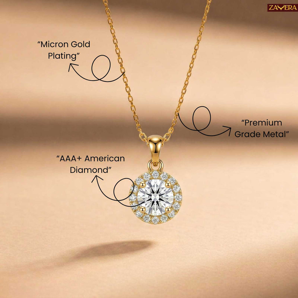 Zavera Round Halo Crystal Pendant Gold Plated