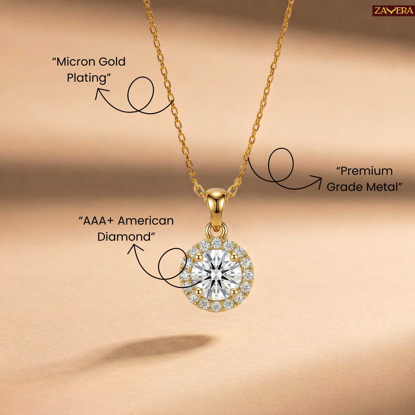 Zavera Round Halo Crystal Pendant Gold Plated