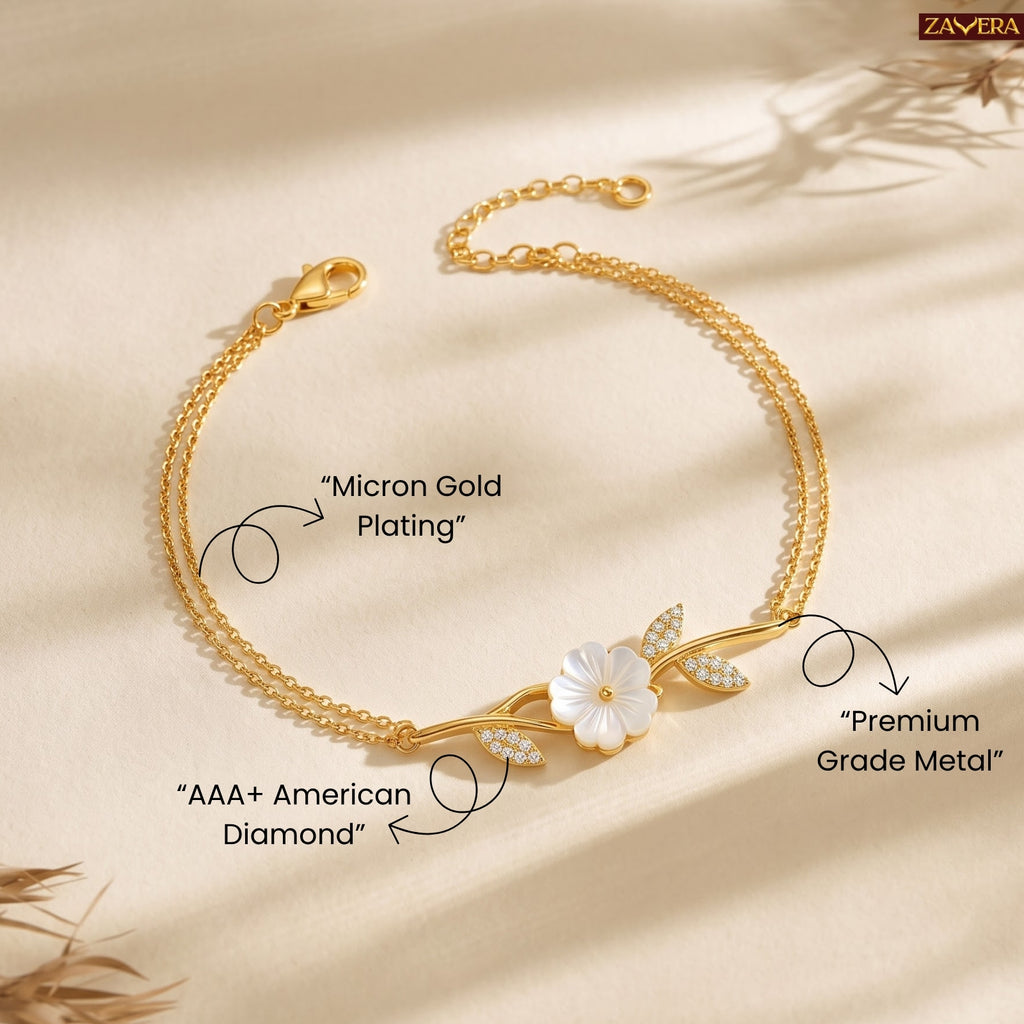 Zavera Gold Plated Carved Mother of Pearl Floral CZ Branch Bracelet for Women