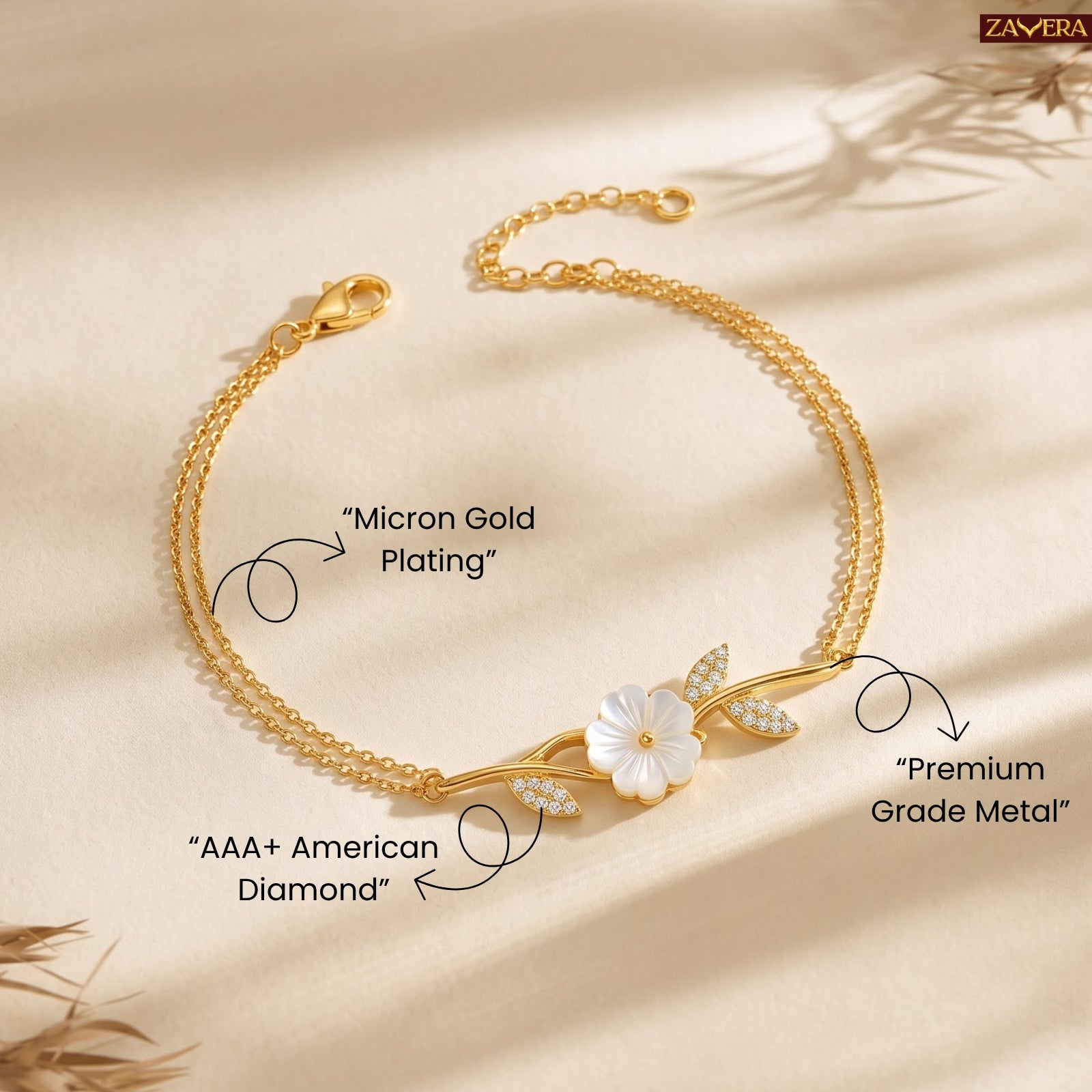 Zavera Gold Plated Carved Mother of Pearl Floral CZ Branch Bracelet for Women