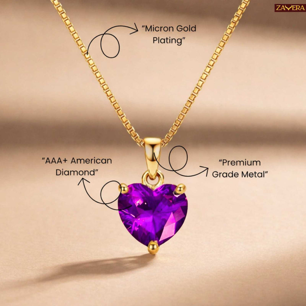 Zavera Purple Heart Shape Crystal Pendant Gold Plated