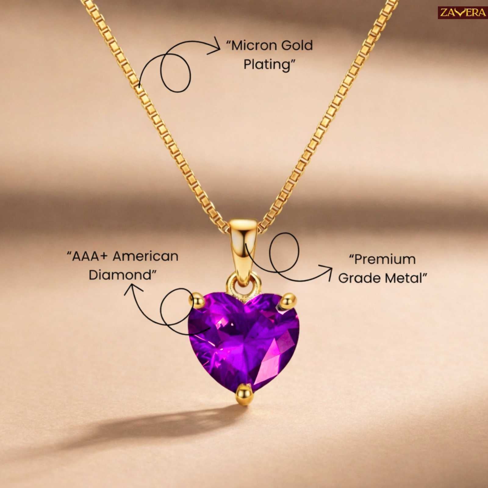 Zavera Purple Heart Shape Crystal Pendant Gold Plated