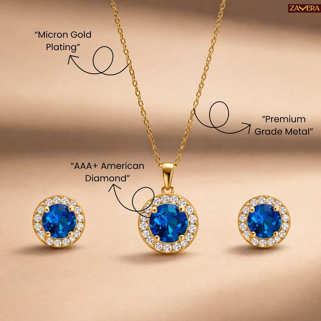 Zavera Blue Stone Halo Diamond Gold Plated Pendant Set with Earrings