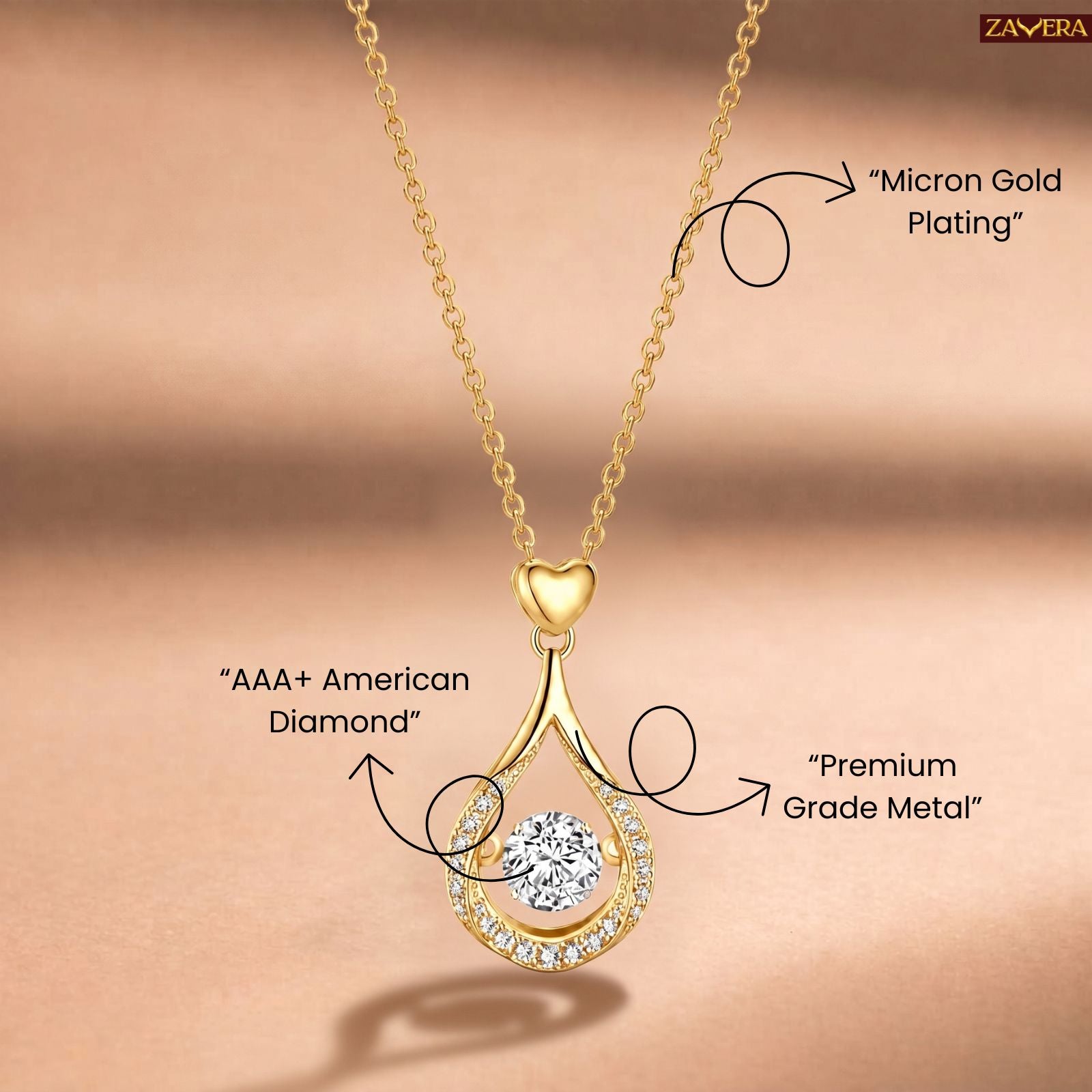 Zavera Gold Plated Heart Drop Pendant Necklace For Women