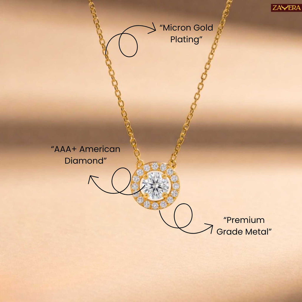 Gold Plated Halo American Diamond Pendant Necklace for Women