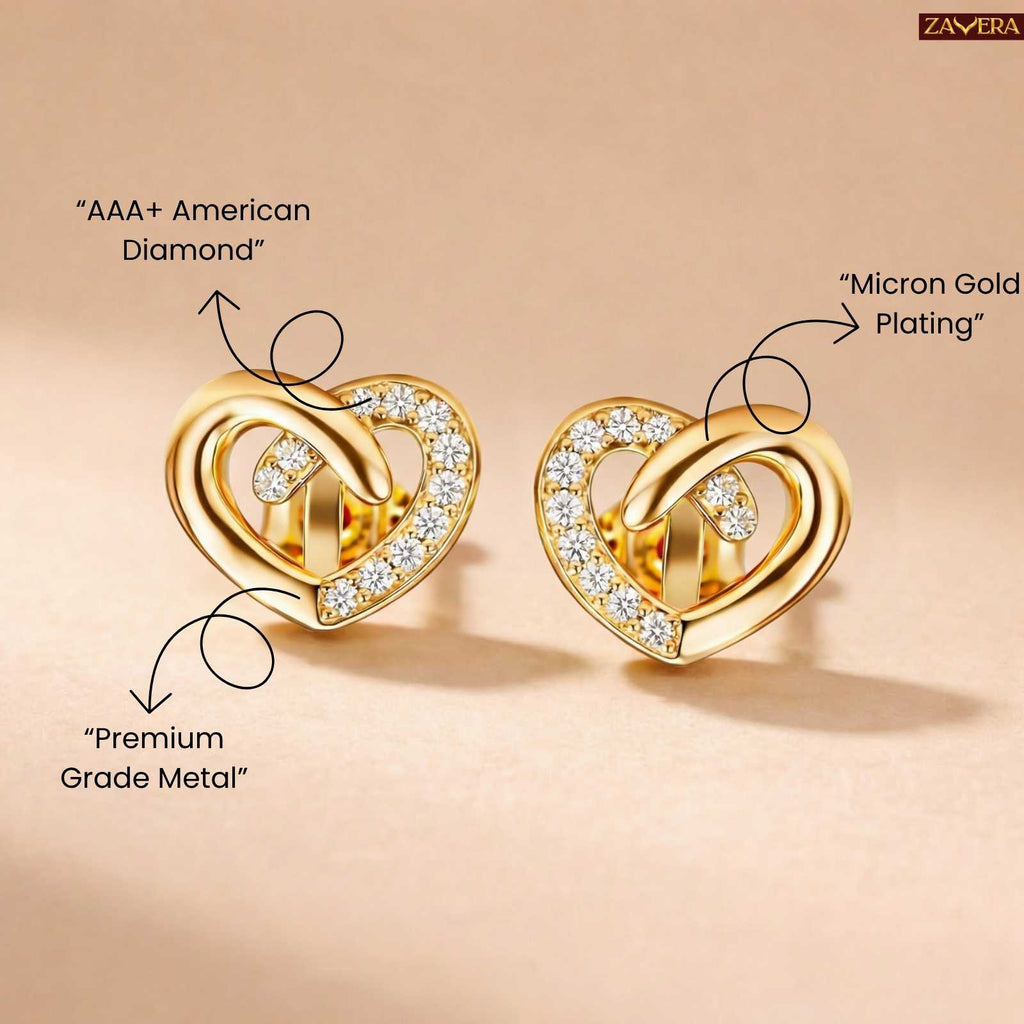 Zavera Intertwined Heart Gold Plated Stud Earrings