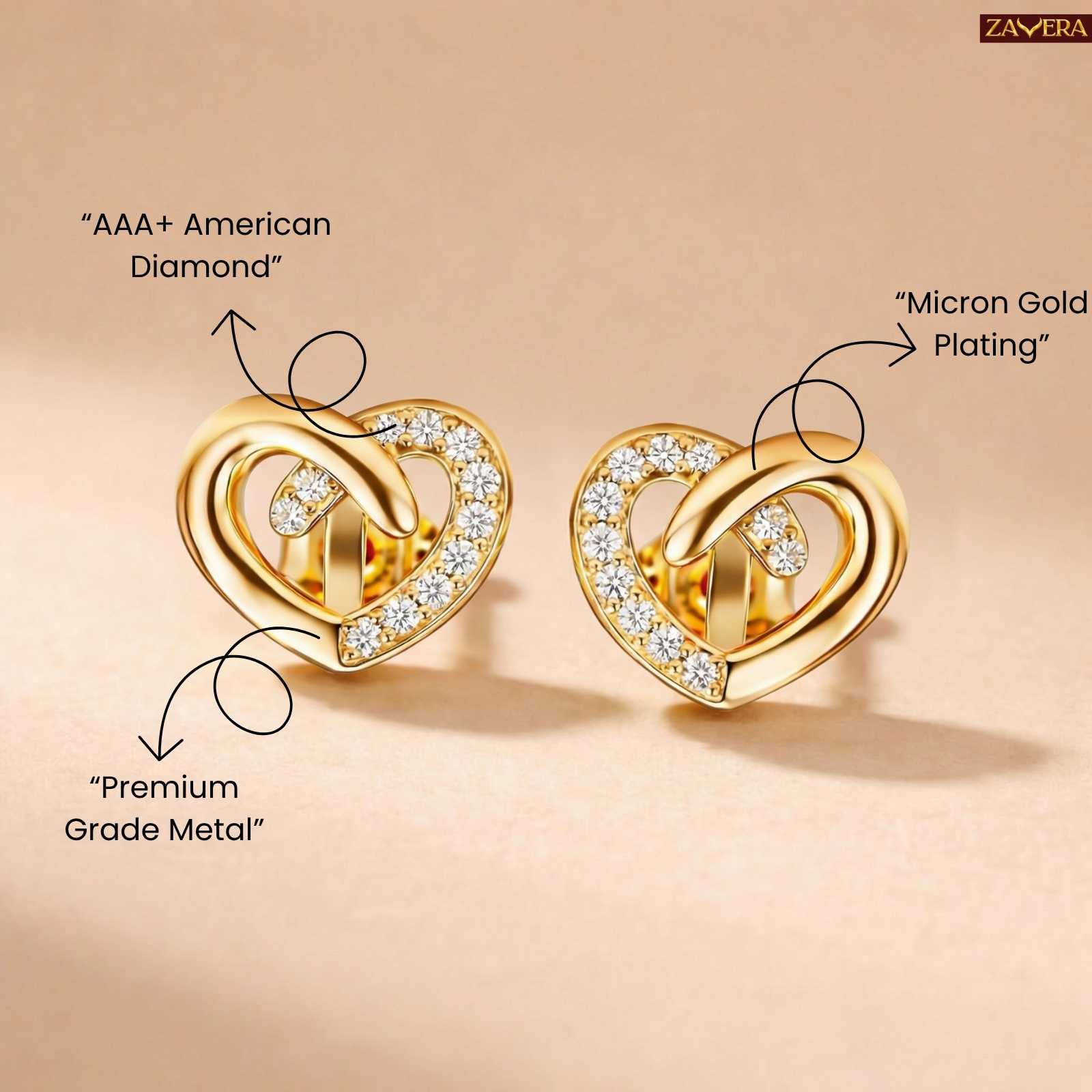 Zavera Intertwined Heart Gold Plated Stud Earrings