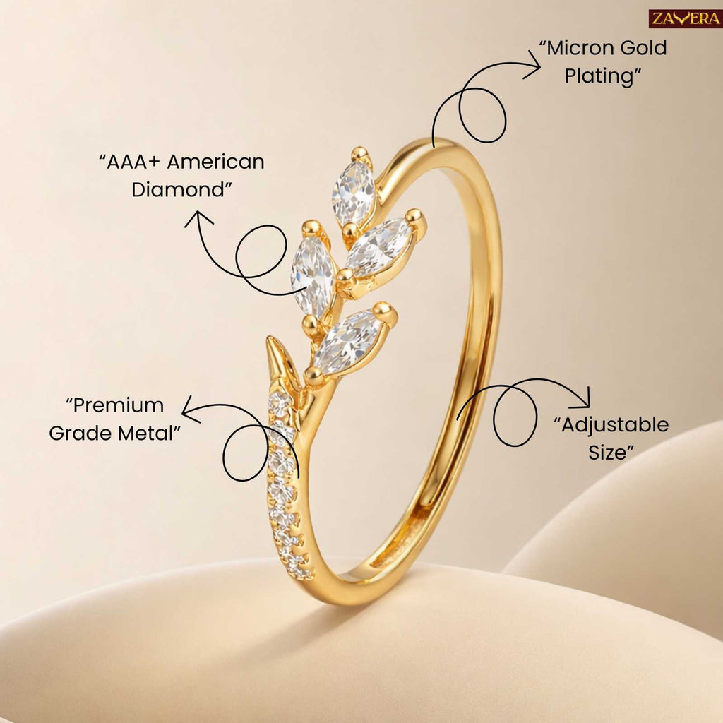 Zavera Gold Plated Crystal Leaf Adjustable Ring