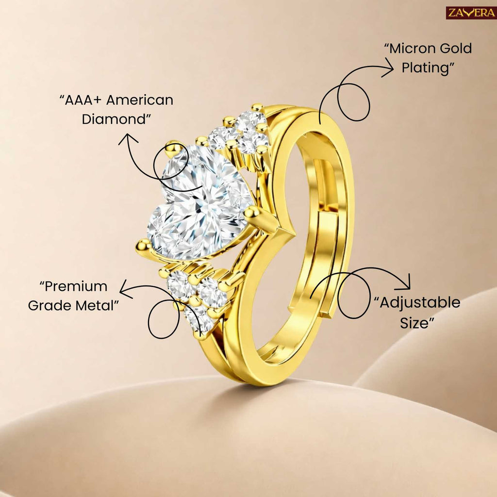 Zavera Heart Shape Diamond Gold Plated Adjustable Ring