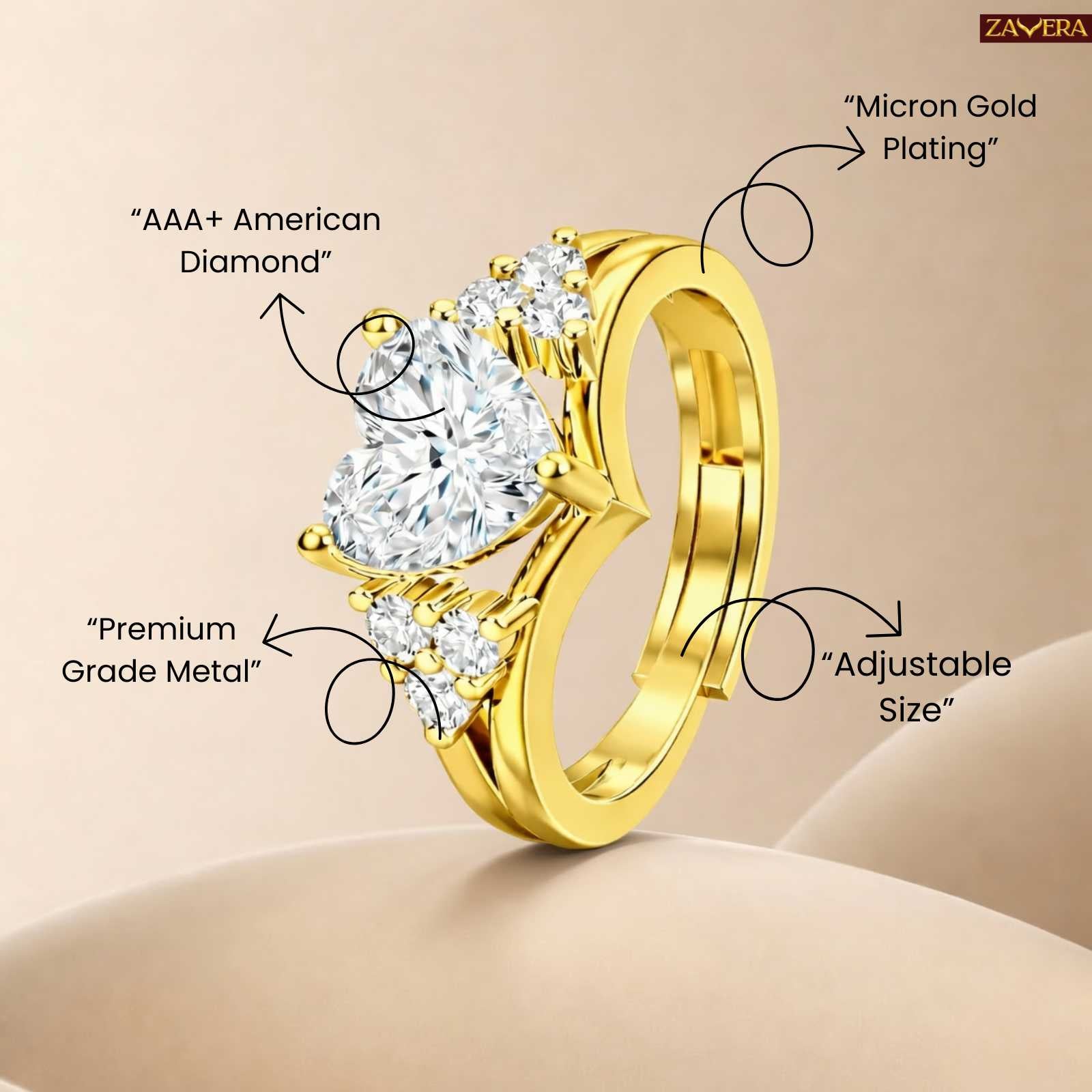 Zavera Heart Shape Diamond Gold Plated Adjustable Ring