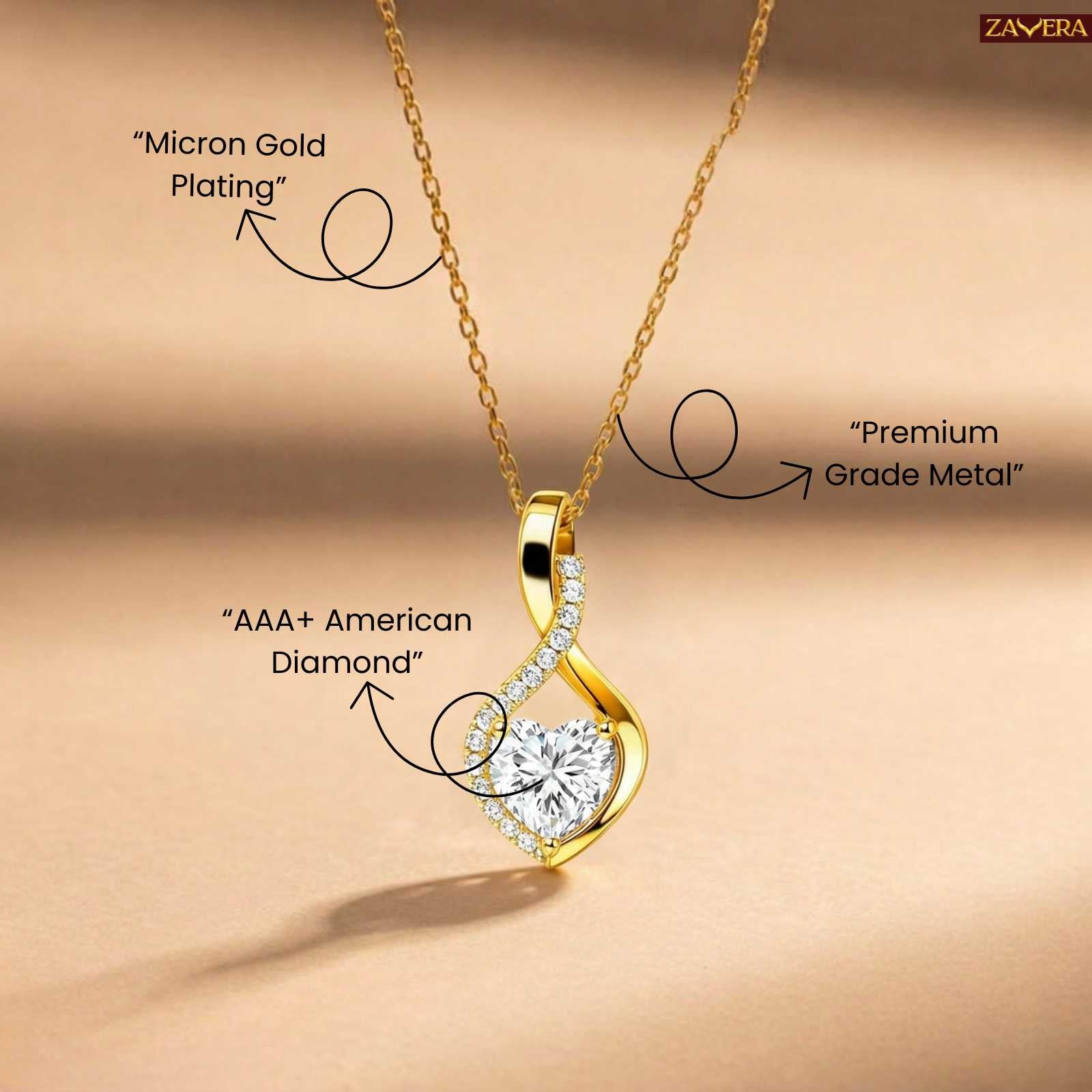 Zavera Elegant Twist Heart Diamond Gold Plated Pendant