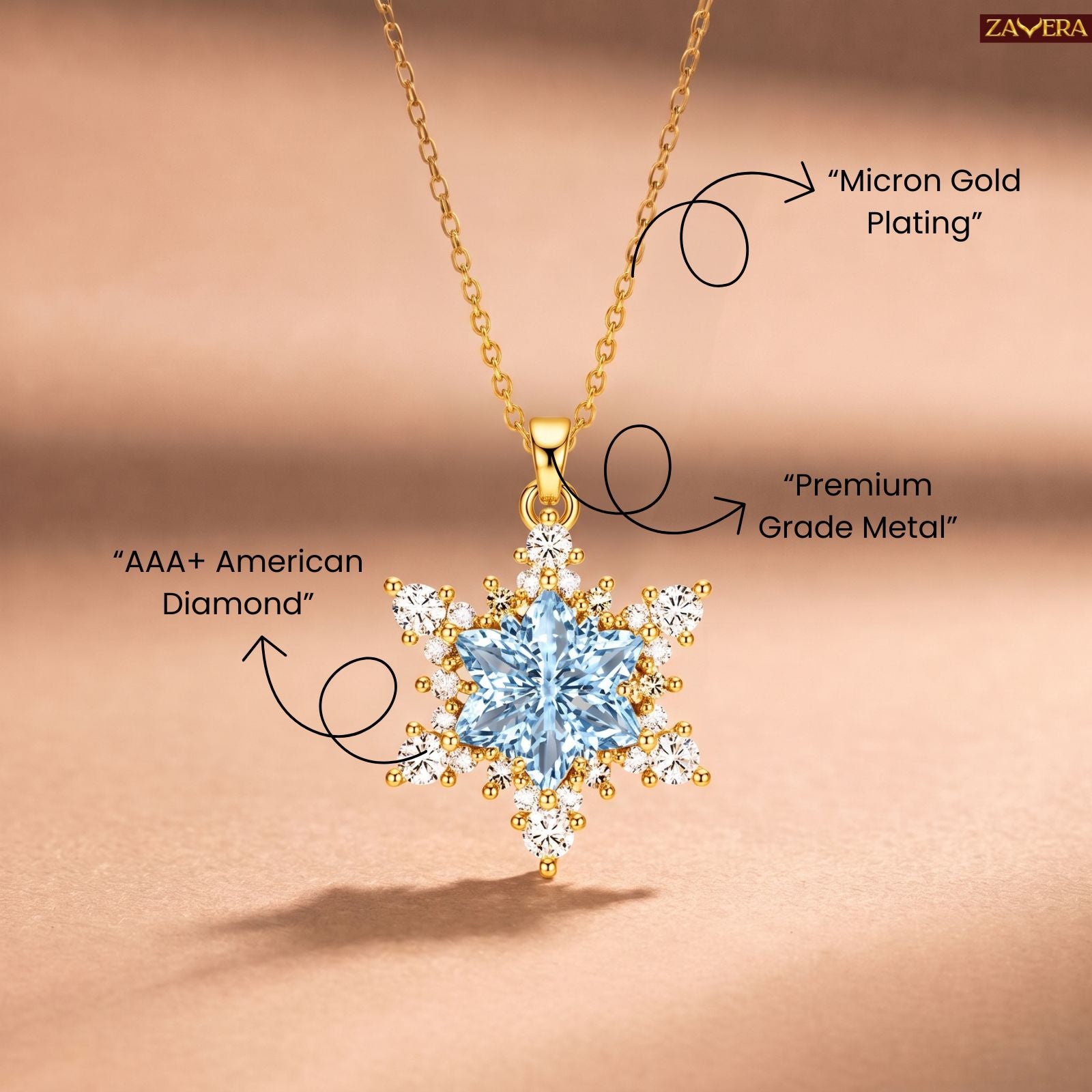 Zavera Gold Plated Dainty Blue Crystal Pendant For Women
