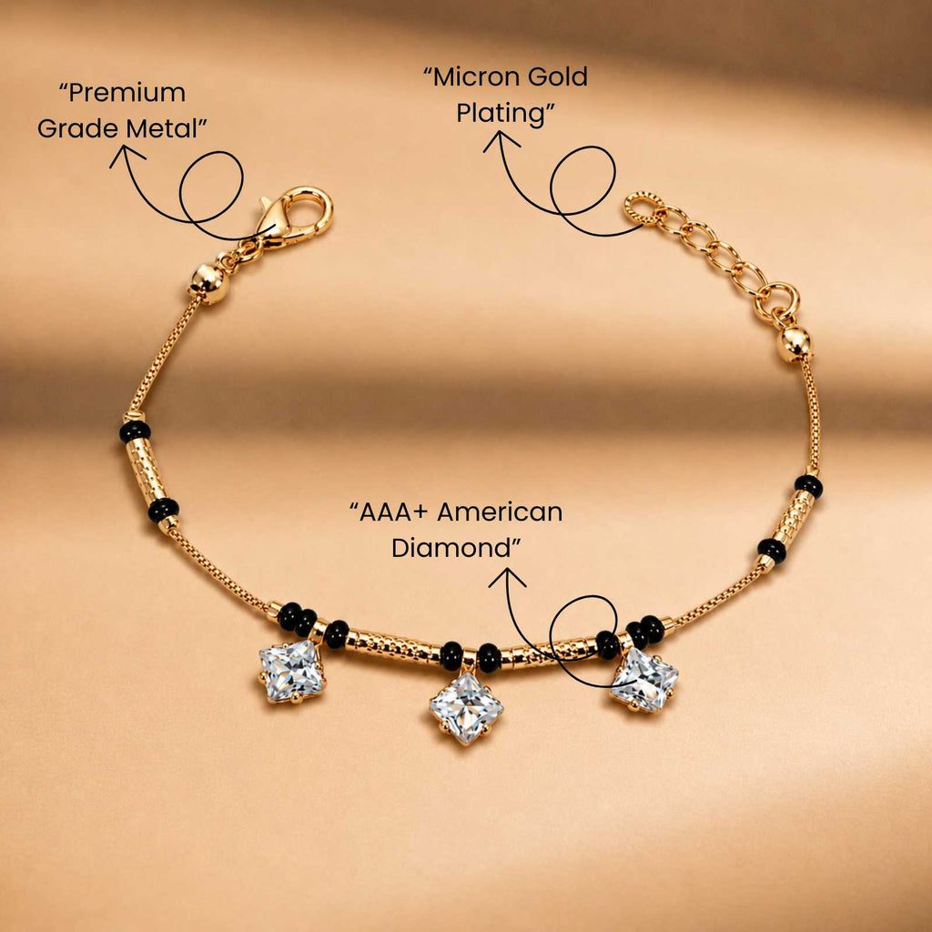 Zavera Triple Square Crystal Gold Plated Mangalsutra Bracelet