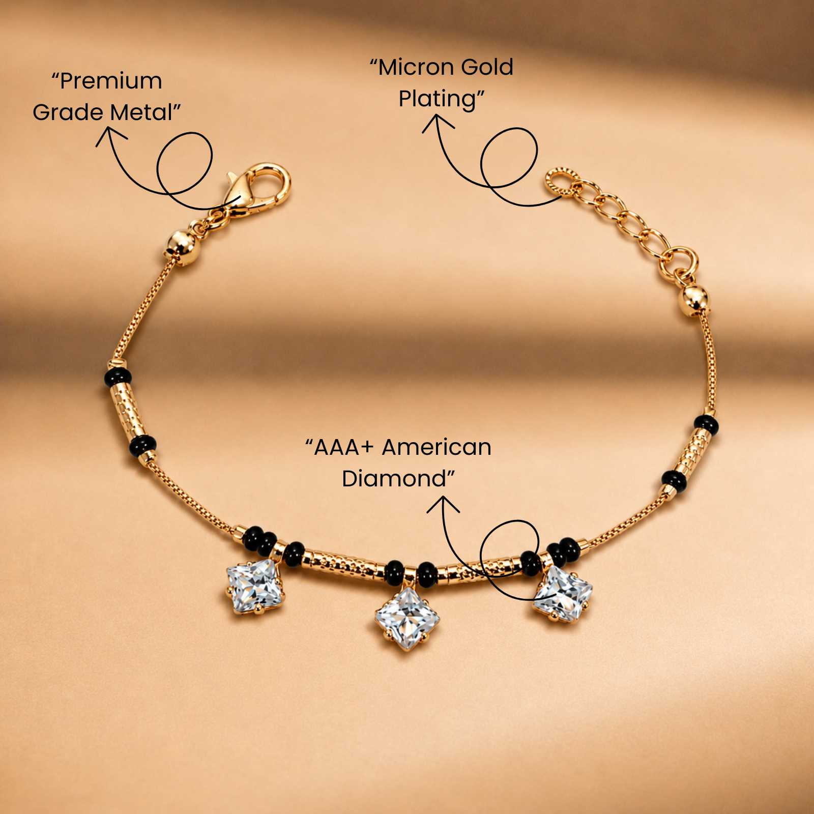 Zavera Triple Square Crystal Gold Plated Mangalsutra Bracelet