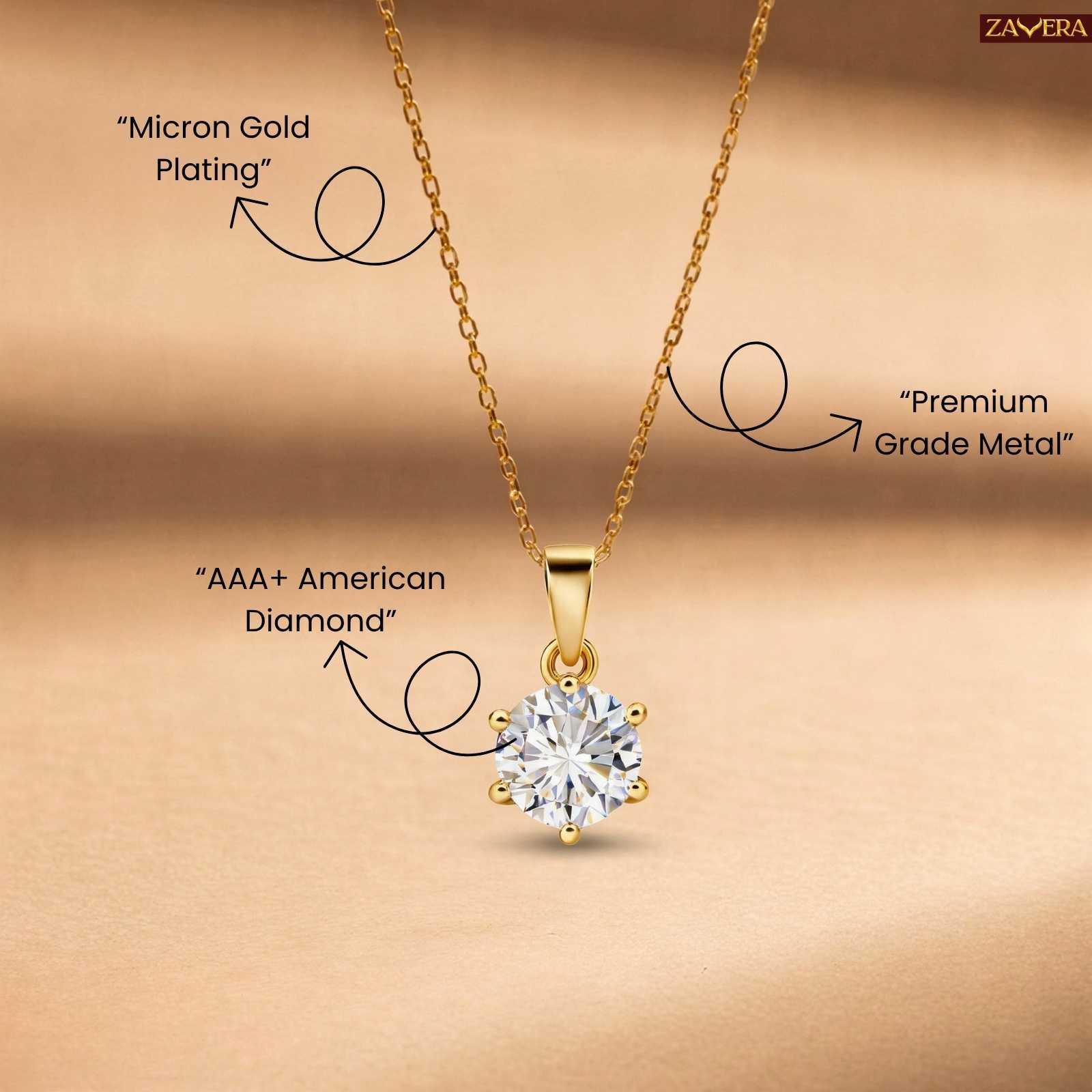 Zavera Round Solitaire Diamond Gold Plated Pendant