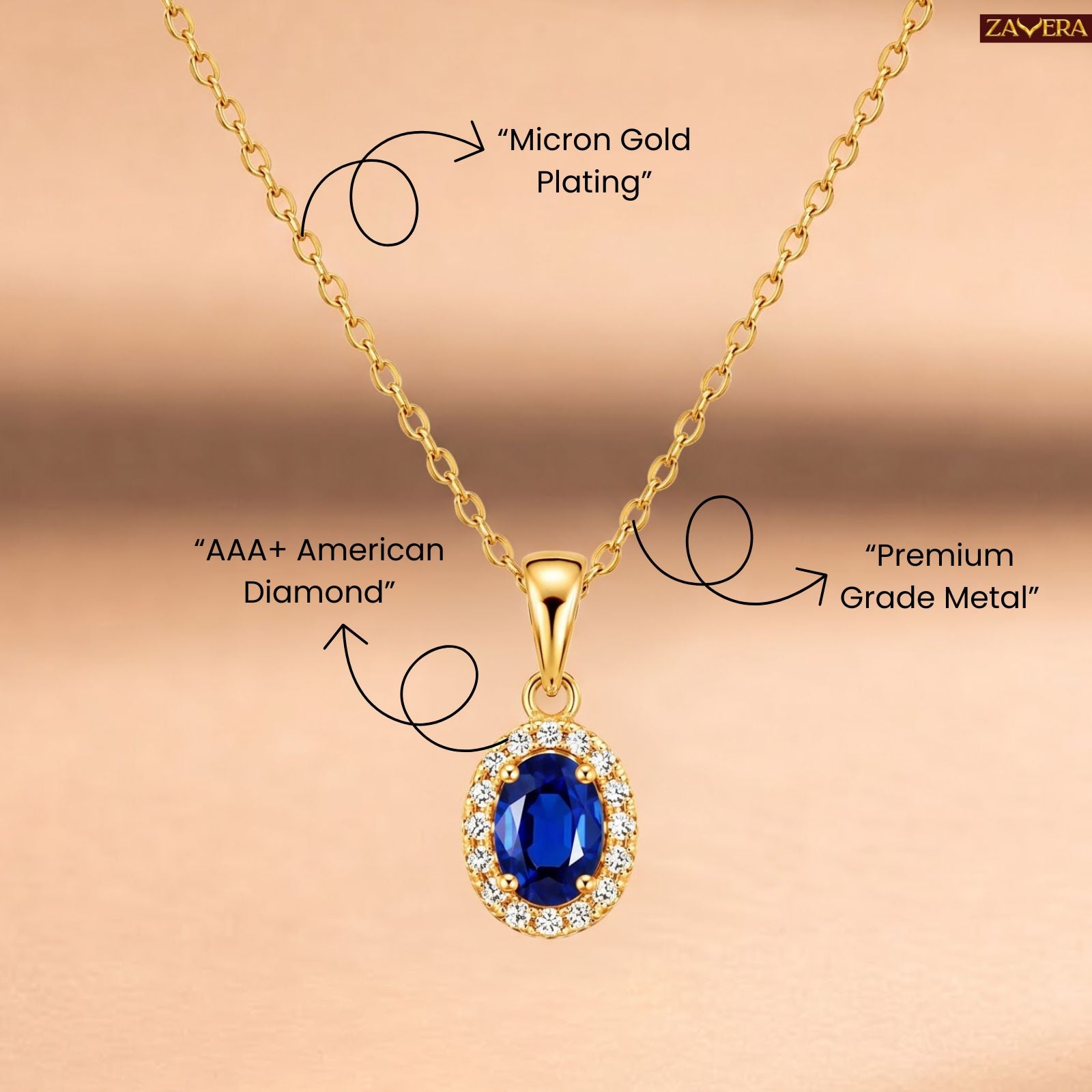 Zavera Gold Plated Blue Stone Pendant For Women
