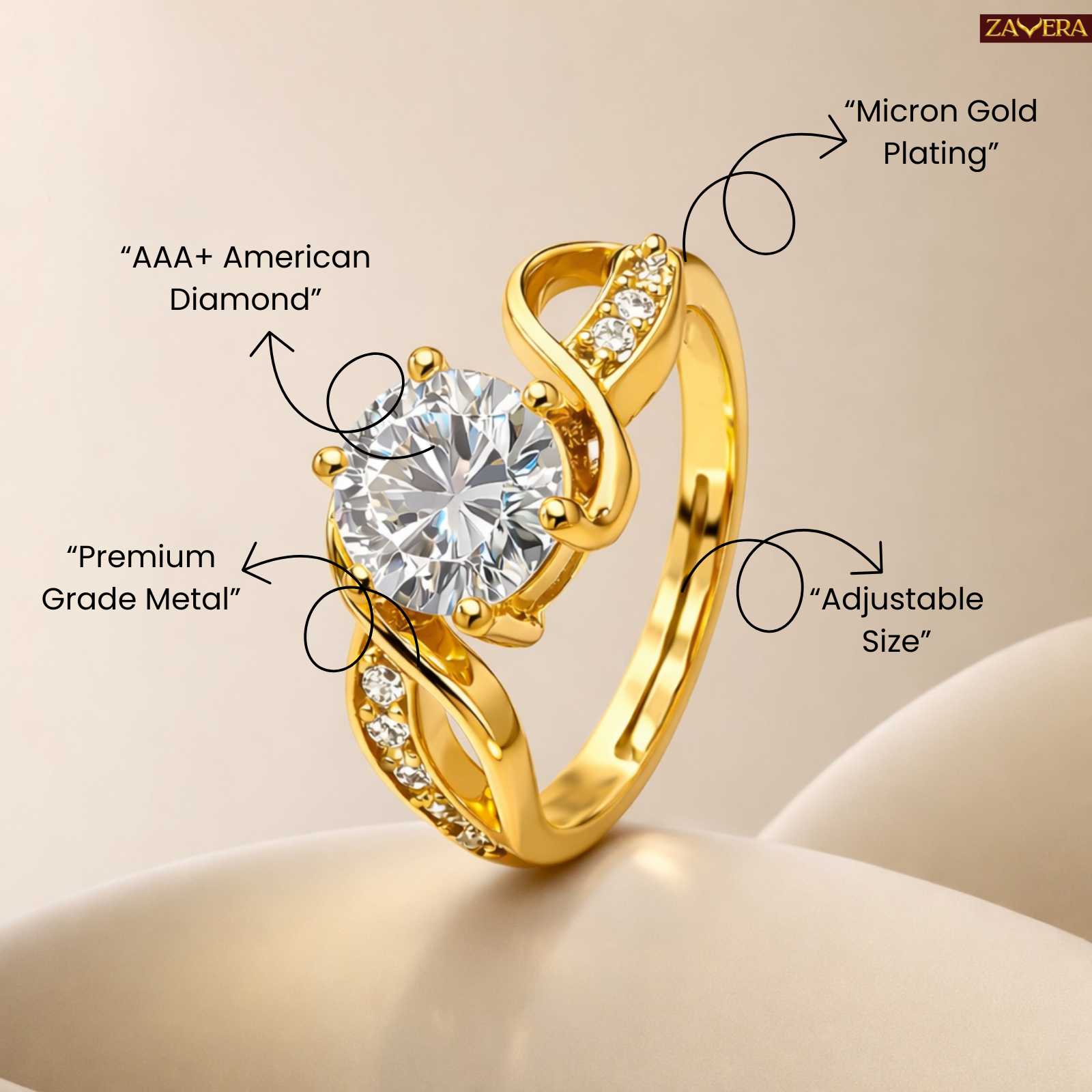 Zavera Gold Plated Twisted Infinity Solitaire Adjustable Ring