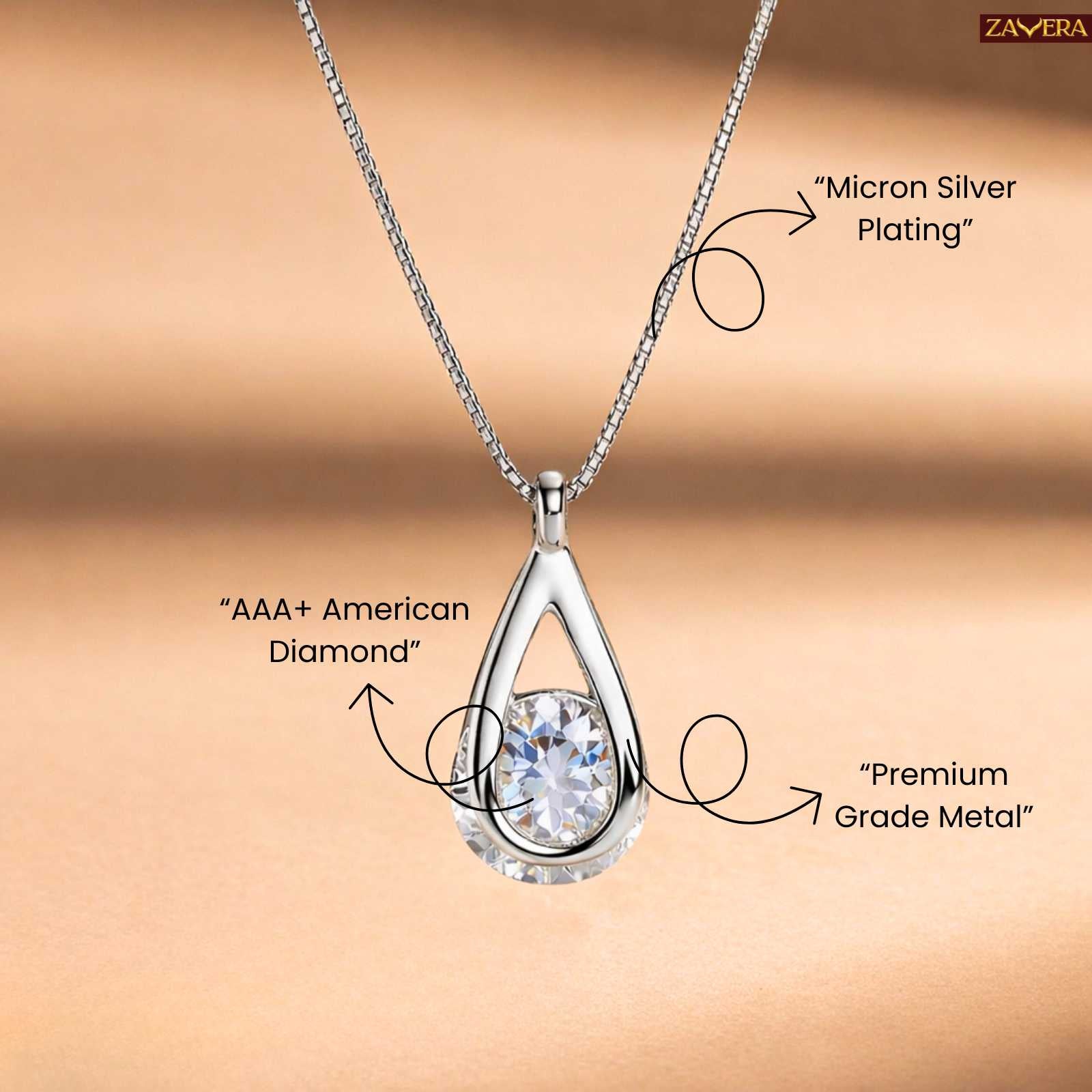 Silver Tone Teardrop American Diamond Pendant for Women