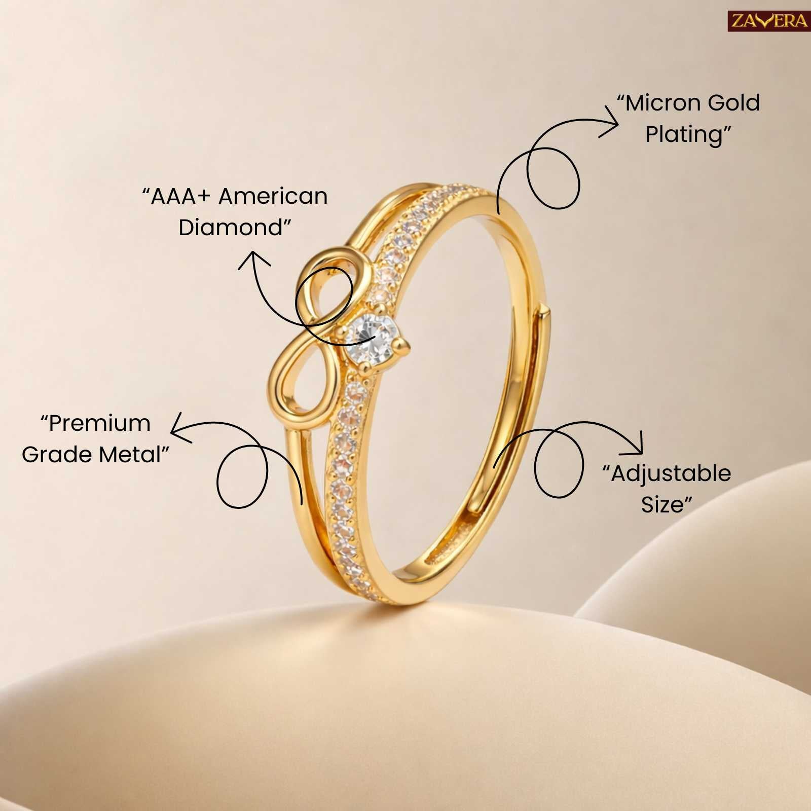 Zavera Gold Plated Infinity Crystal Adjustable Ring