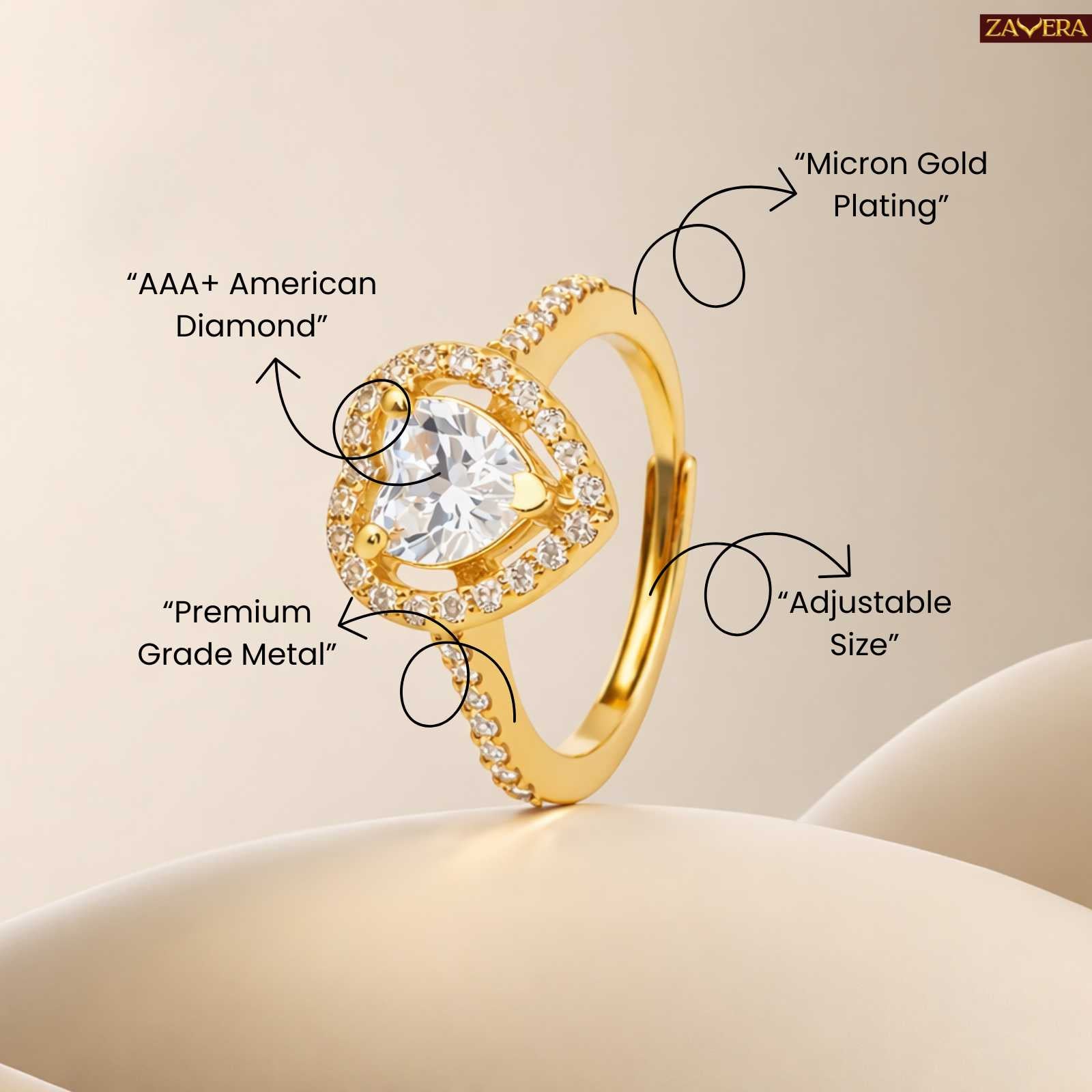 Zavera Gold Plated Heart Halo Spark Adjustable Ring