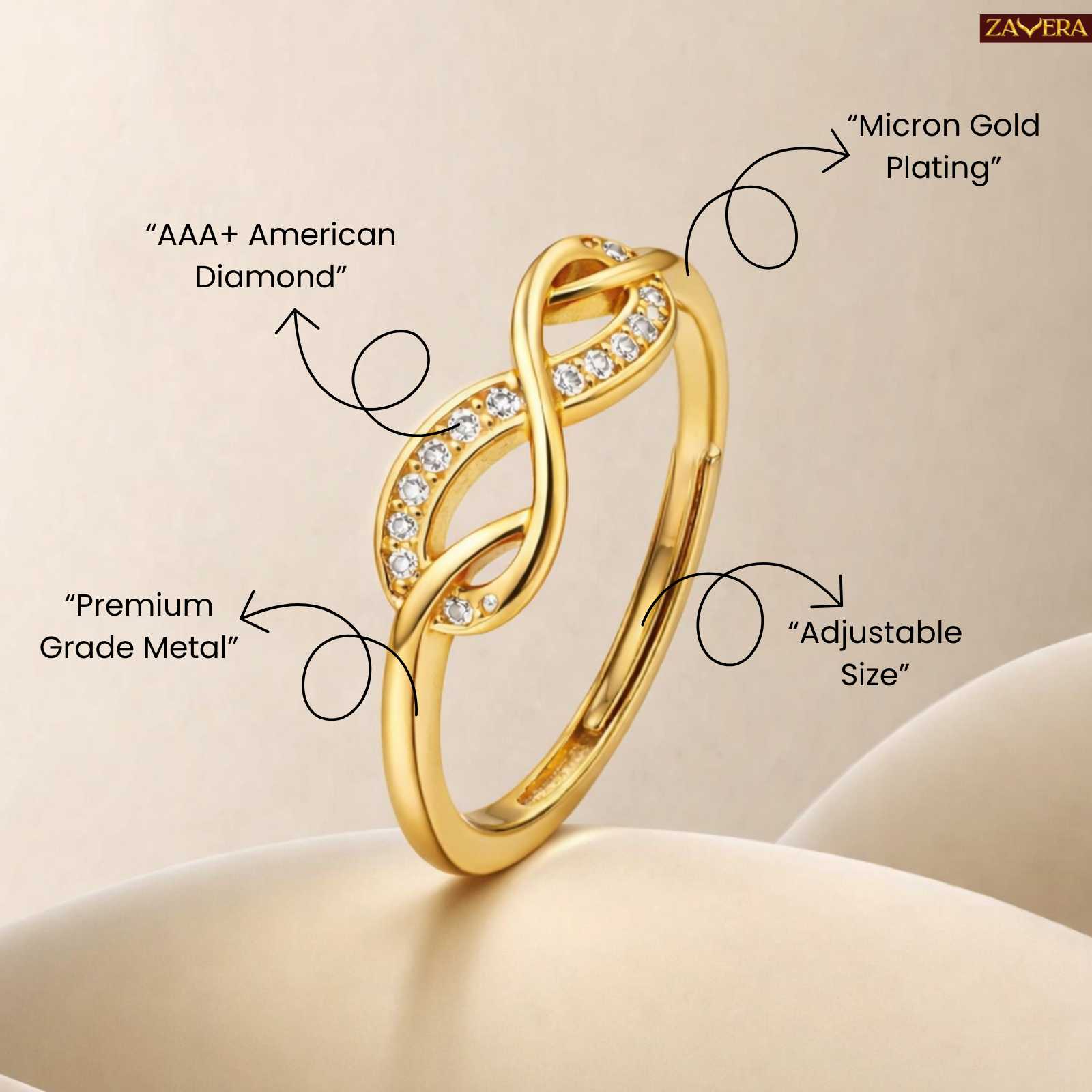 Zavera Gold Plated Twisted Infinity Adjustable Ring