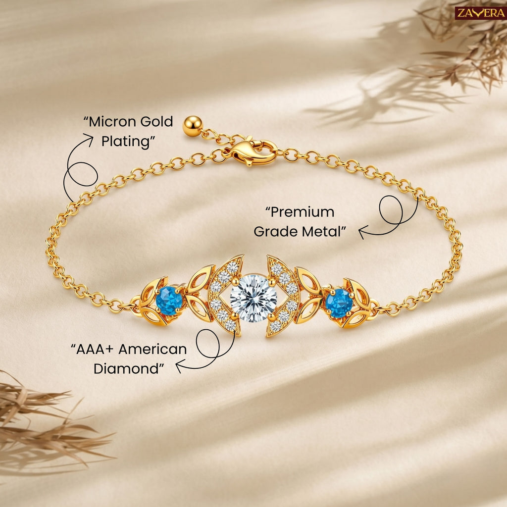 Zavera Gold Plated CZ Crystal & Blue Topaz Charm Bracelet for Women