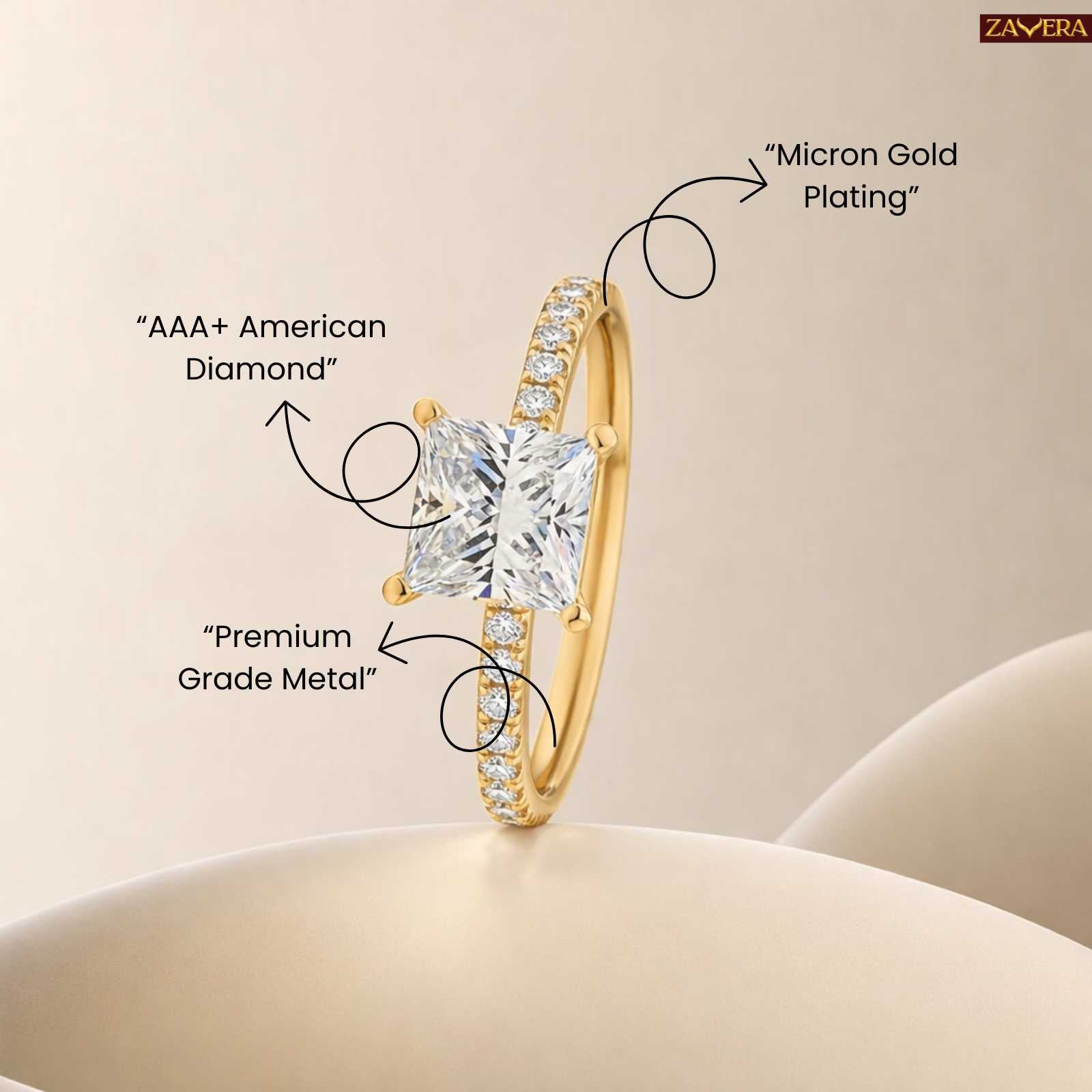Zavera Gold Plated Square Cut Stone Adjustable Ring