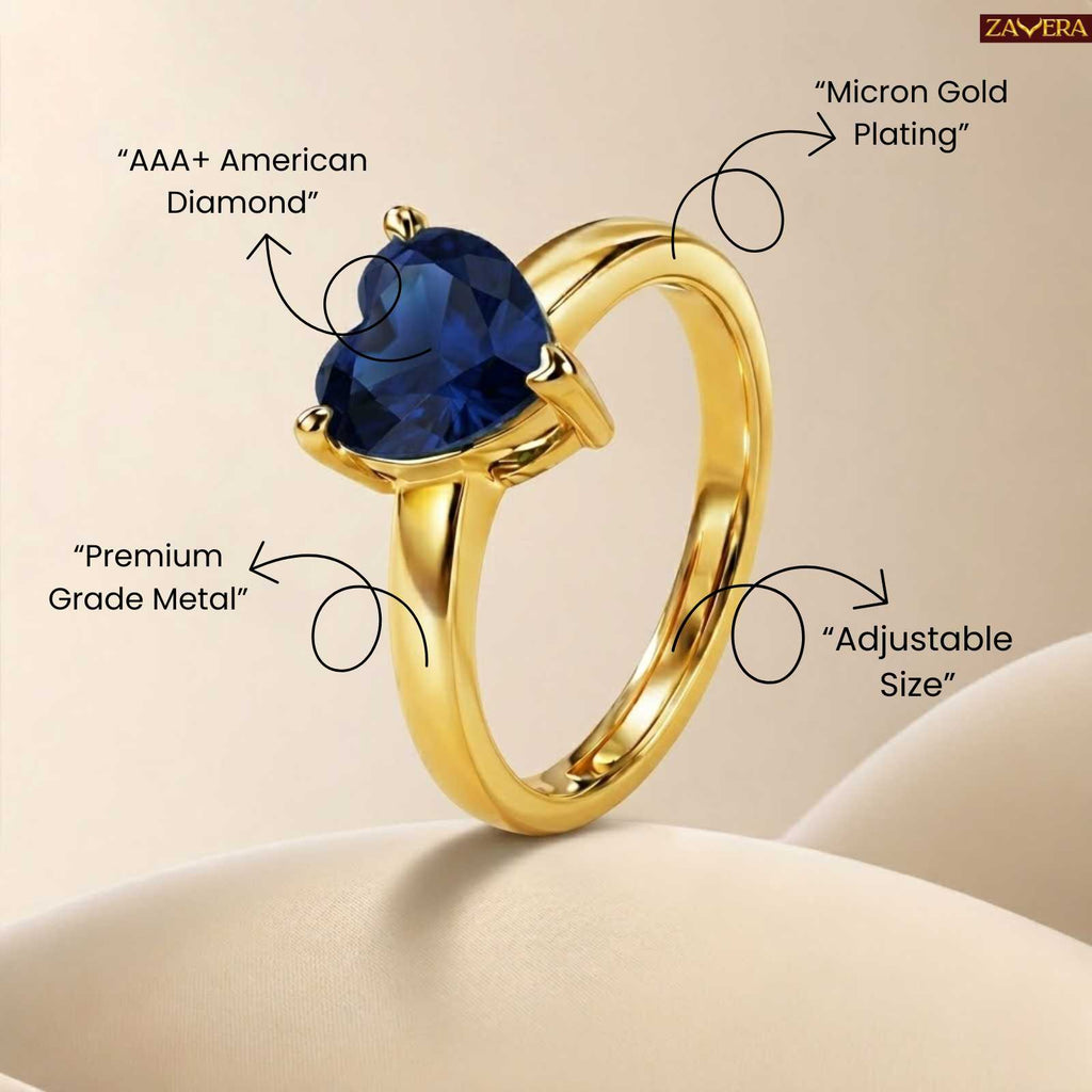 Navy Blue Heart Gold Plated Adjustable  Ring