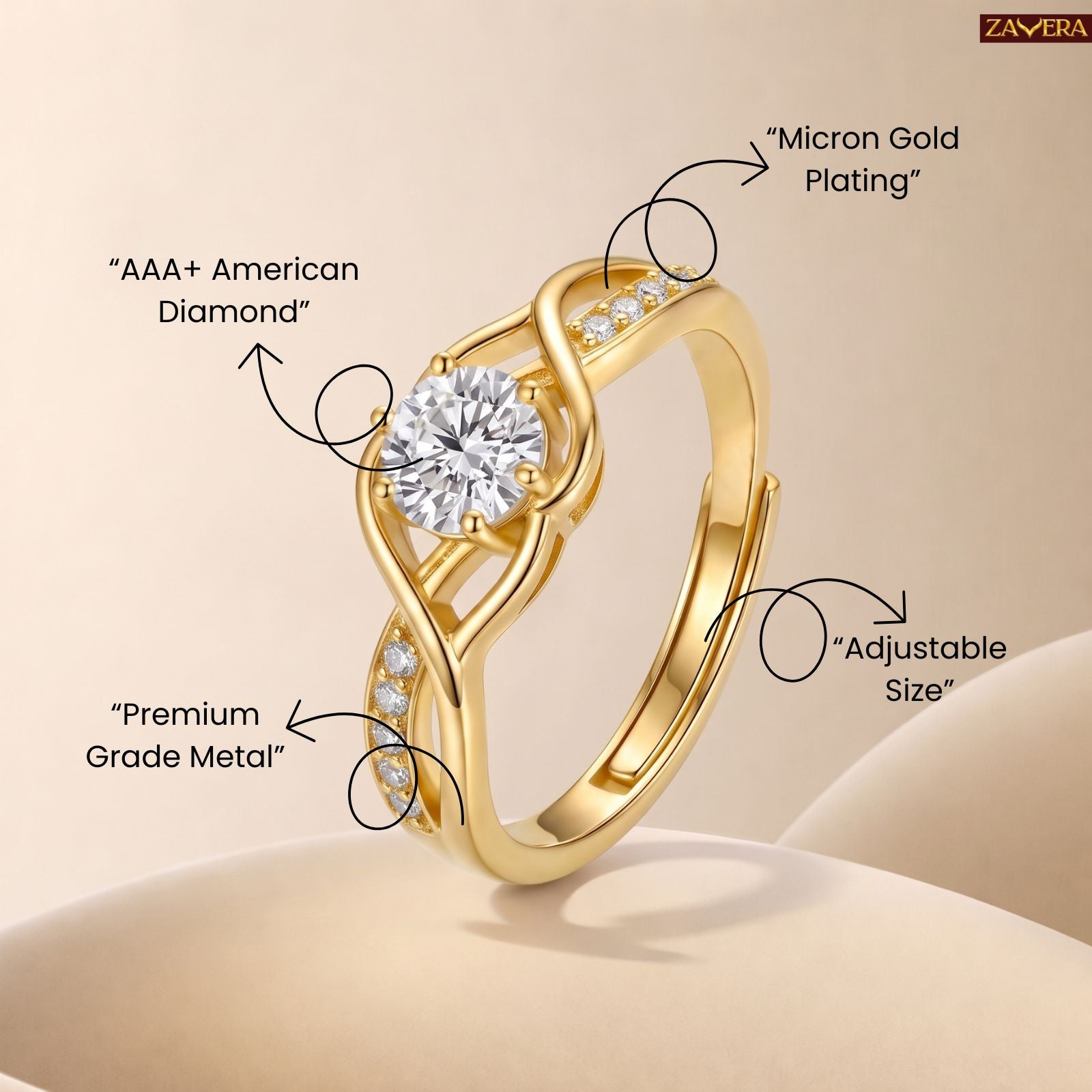 Zavera Brass 22K  Classic Infinity Engagement Style Gold Plated Ring For Women