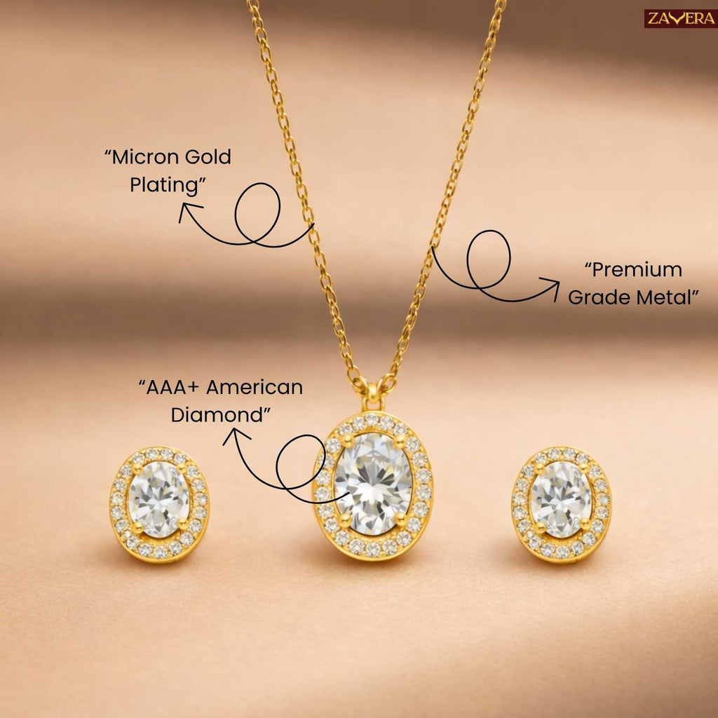 Zavera Gold Plated Oval Crystal Halo Pendant Set with Matching Earrings