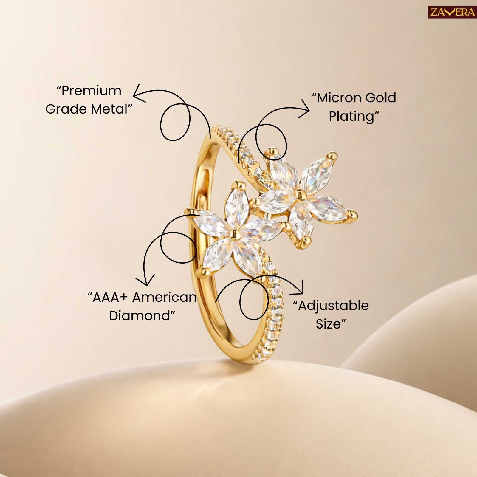 Zavera Gold Plated Double Flower Stone Adjustable Ring