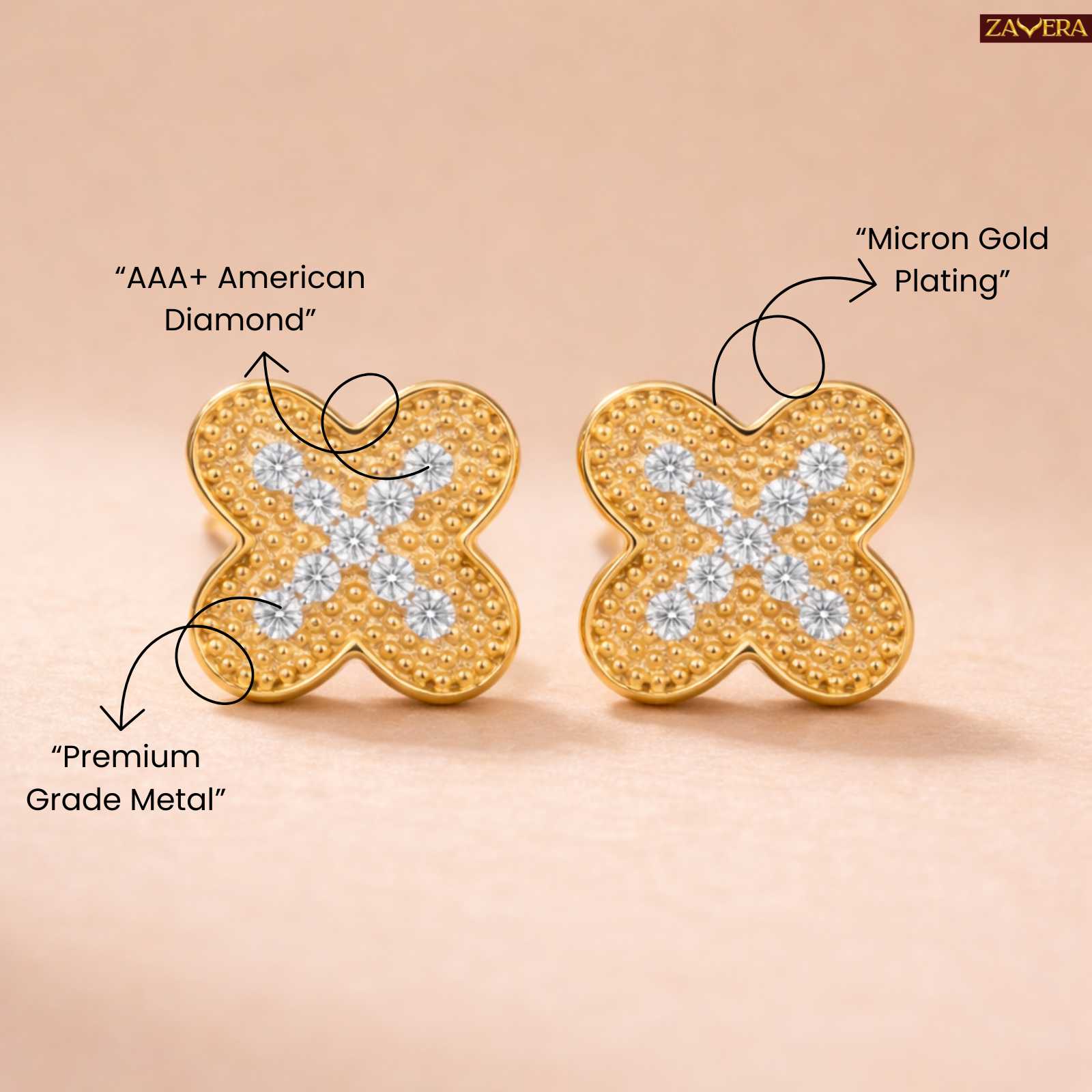 Zavera Floral Stud Diamond Gold Plated Earrings