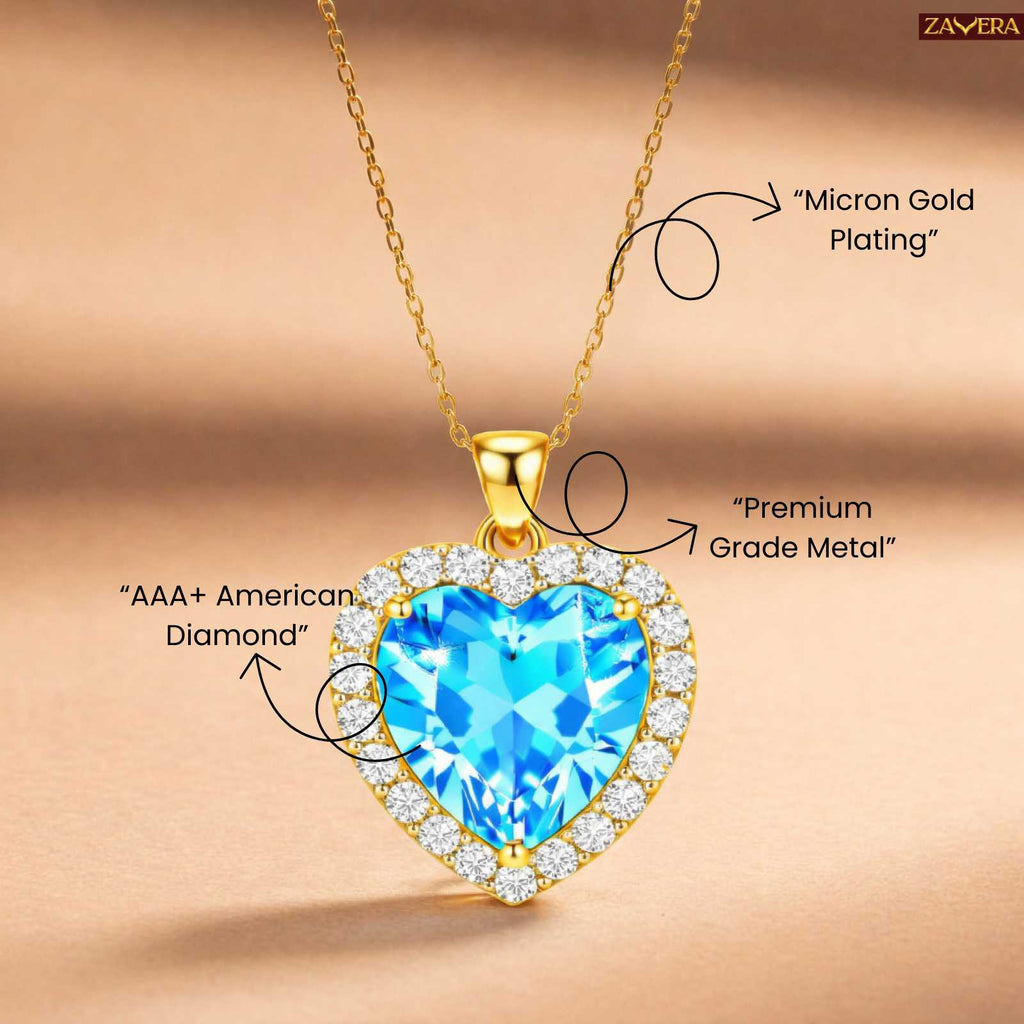 Zavera Gold Plated Blue Heart Crystal Pendant