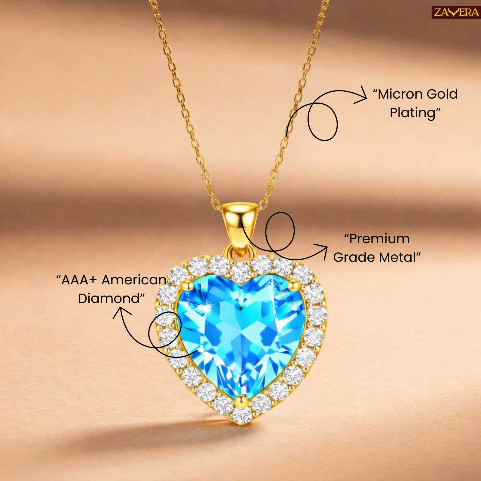 Zavera Gold Plated Blue Heart Crystal Pendant